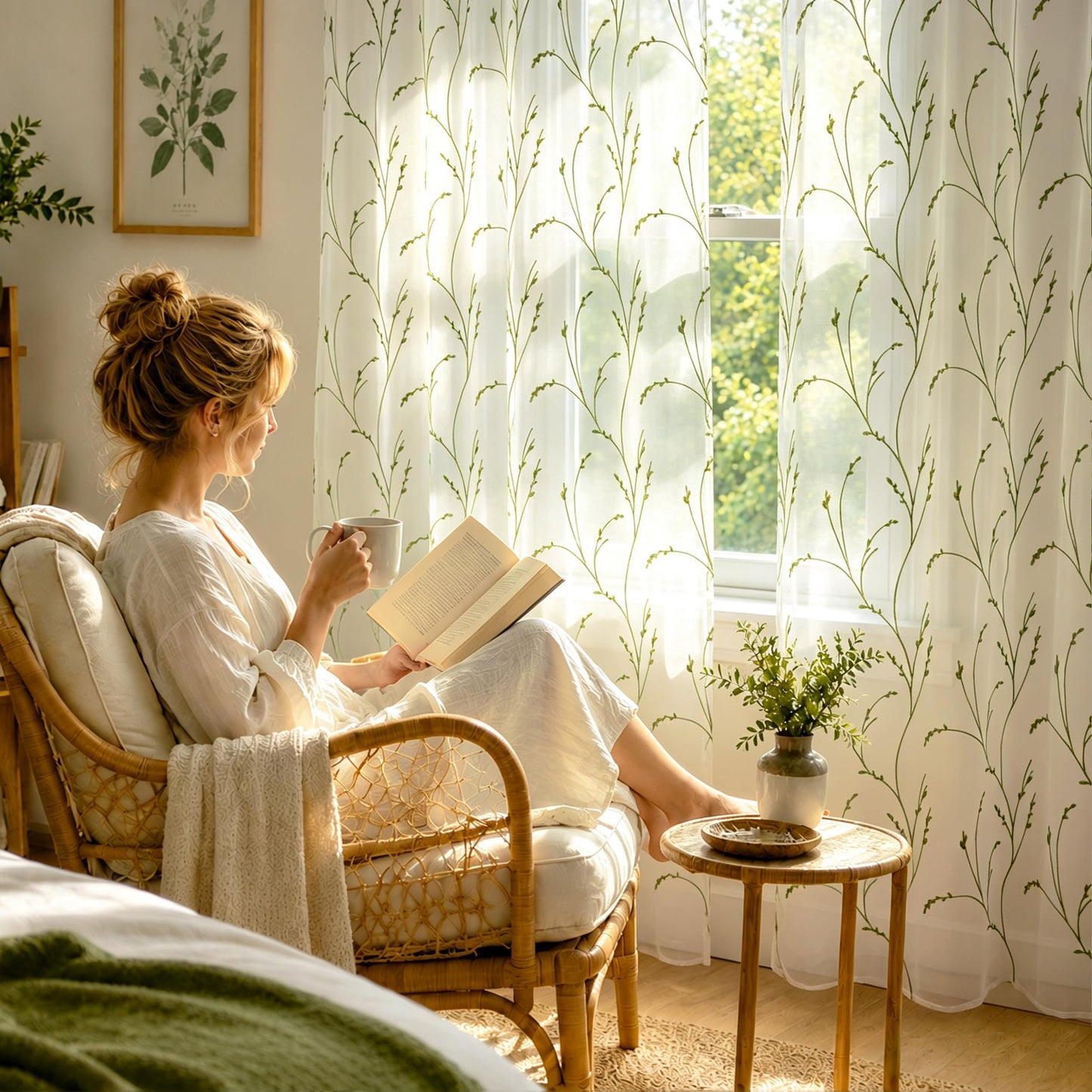 Semi White Sheer Curtains 84 Inches Long 2 Panels Set, White Stem | Embroidered Leaf Patterned Voile Window Treatments for Living Room Bedroom, Airy Light Filtering Grommet Curtains 52"W x 84"L