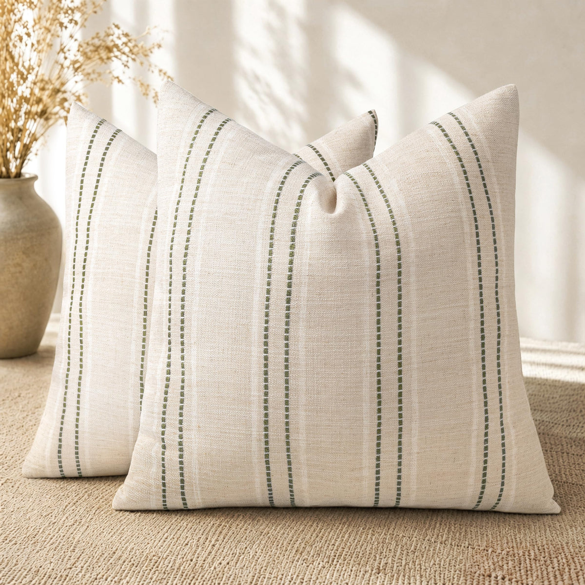 AELS 20x20 Decorative Farmhouse Linen Blend Throw Pillow Covers, Boho Textured Pillow Case, Set of 2, Beige with White & Brown Stitch Yarn Dyed Stripe Cushion Cover for Sofa Living Room (Cover O