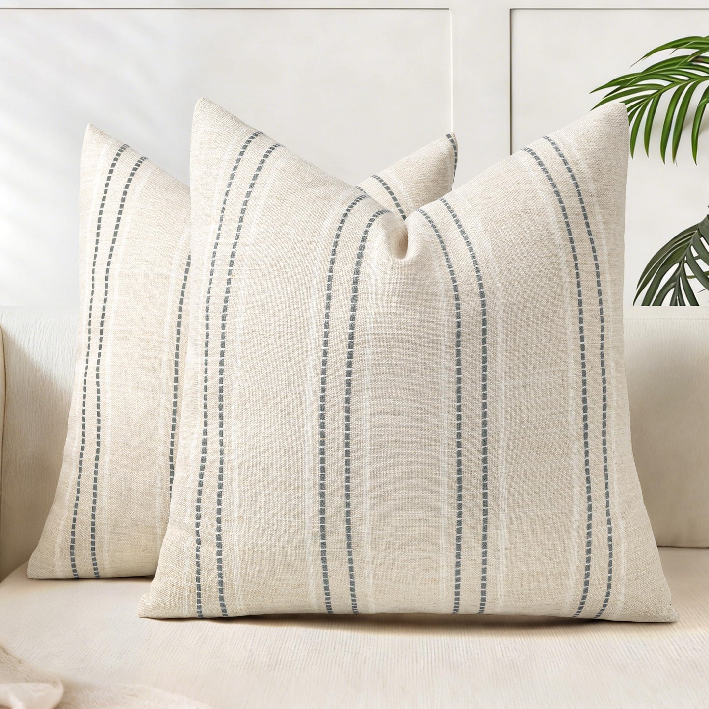 AELS 12x20 Decorative Farmhouse Linen Blend Throw Pillow Covers, Boho Textured Pillow Case, Set of 2, Beige with White & Brown Stitch Yarn Dyed Stripe Cushion Cover for Sofa Living Room (Cover ONLY)