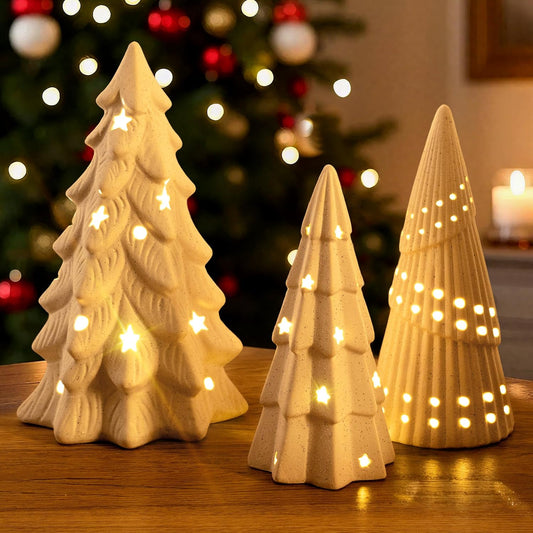 AELS Cordless Lighted Ceramic Christmas Tree, Set of 3, Matte White Tabletop Xmas Figurines Decorations with Lights for Christmas Holiday Decor, White Christmas Decorations