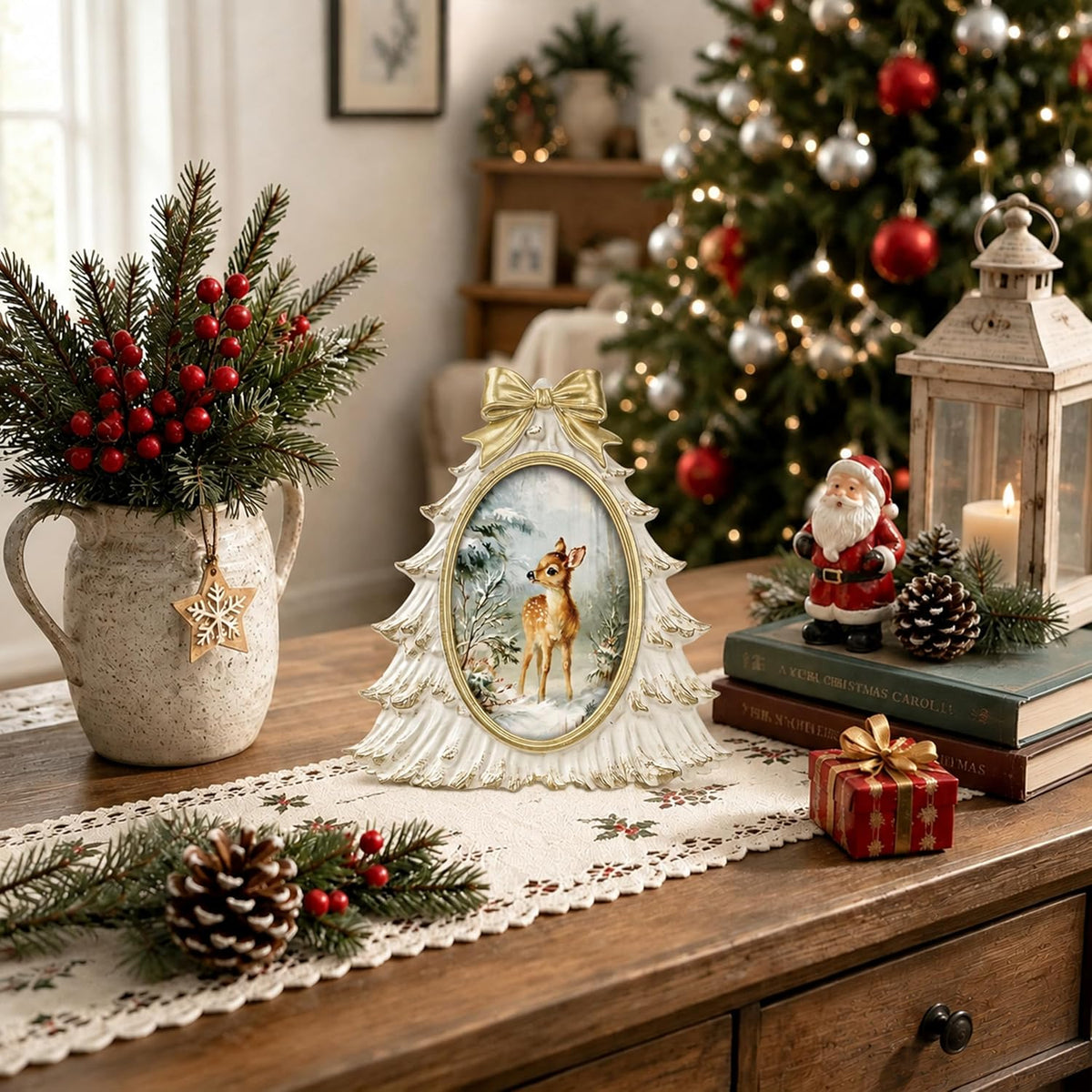 AELS 4x6 Inch Vintage Christmas Tree Picture Frames White Gold Bow