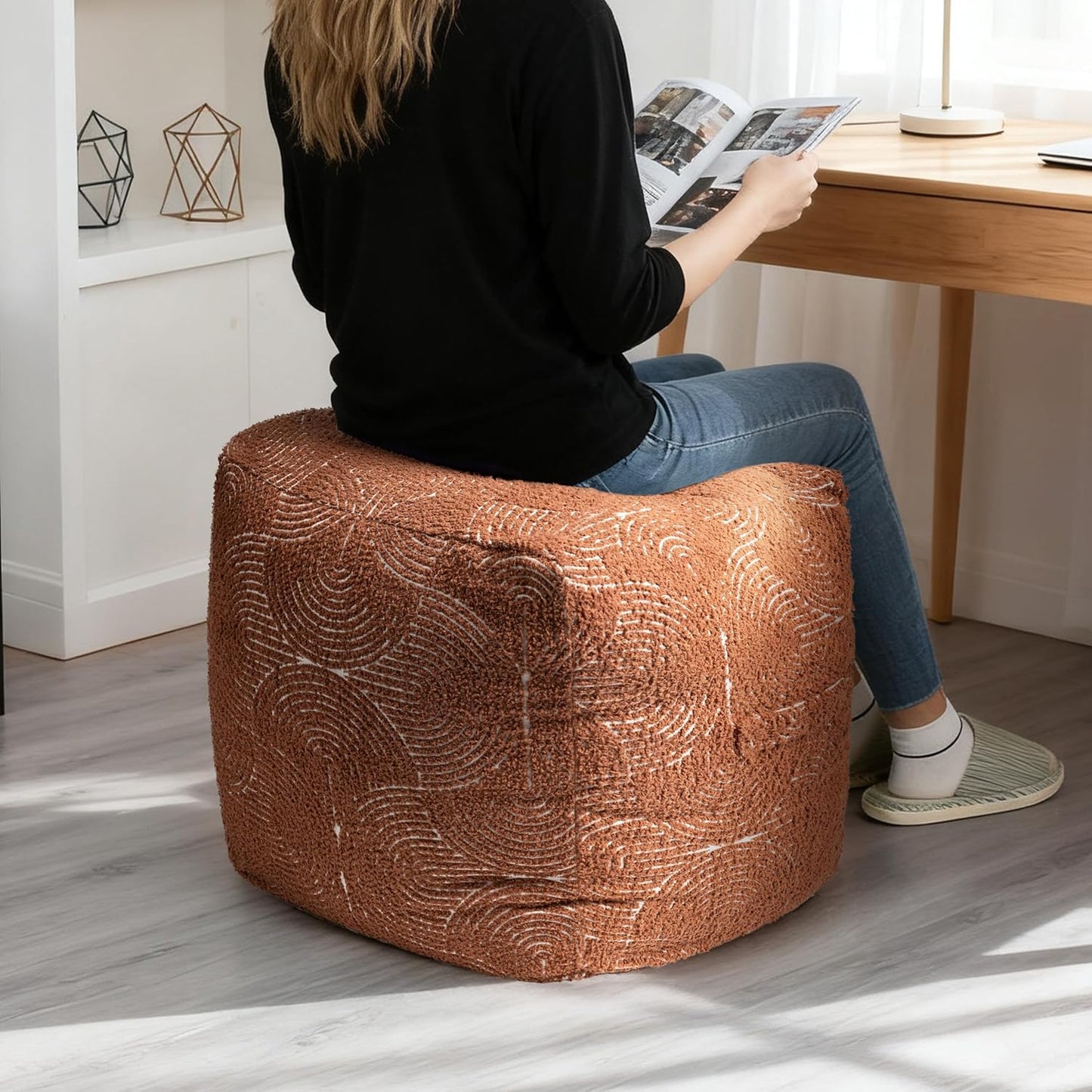 Unstuffed Boho Textured Pouf Cover, Organic Modern Mid Century Rainbow Tufted Storage Bean Bag Cubes, Farmhouse Square Ottoman Pouf Foot Rest Footstool, 18"x18"x18", Cover ONLY, Burnt Orange