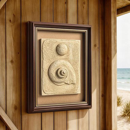 AELS Handmade Modern Nautical Framed Wall Decor, 11" x 14" 3D Ocean Theme Wall Art, Organic Textured Conch Shell Decor, Coastal Wall Art Sculpture, Modern Rustic Home Decor Office, Natural