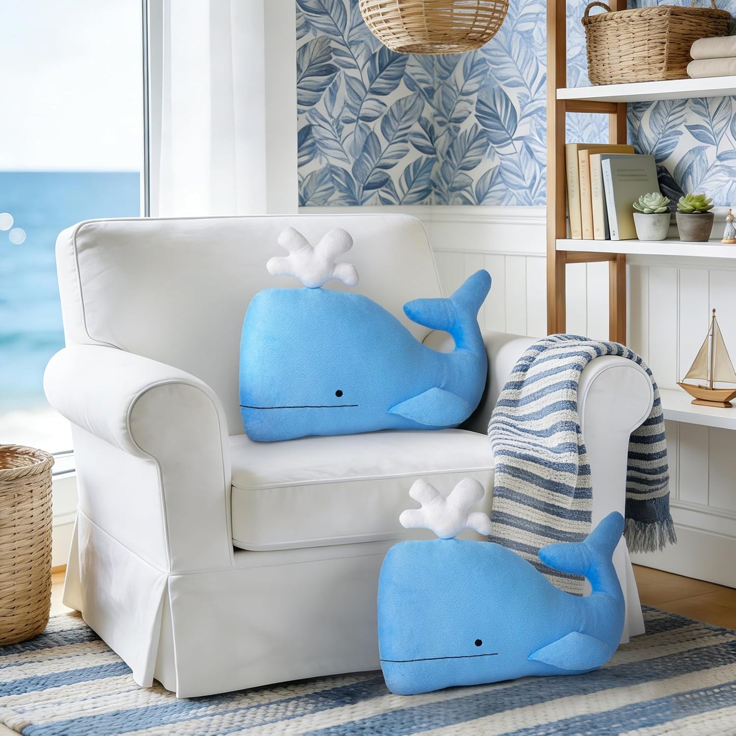 AELS Whale Throw Pillow, 16.5"& 13.3", Set of 2, Soft Plush Whale Decorative Pillow for Couch Sofa Bed, Coastal Ocean Themed Accent Pillow for Nursery Living Room Beach House, Sky Blue