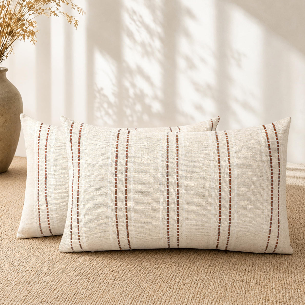 AELS 20x20 Decorative Farmhouse Linen Blend Throw Pillow Covers, Boho Textured Pillow Case, Set of 2, Beige with White & Brown Stitch Yarn Dyed Stripe Cushion Cover for Sofa Living Room (Cover O
