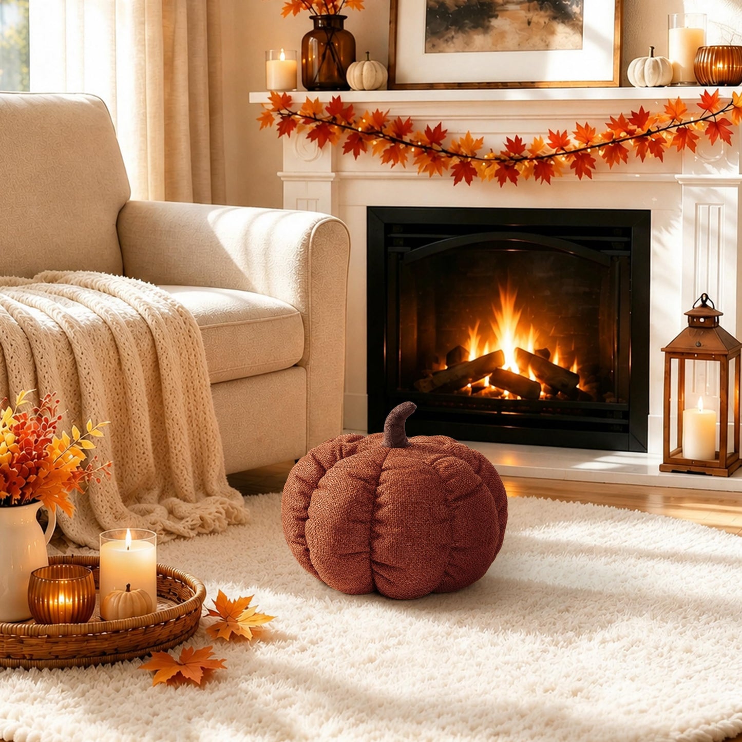 AELS Pumpkin Throw Pillow, 14" Burnt Orange Textured Fall Decorative Pillow | for Couch Sofa Bed Living Room Home Decor, Farmhouse 3D Fall Halloween Thanksgiving Decorative Accent Pillows
