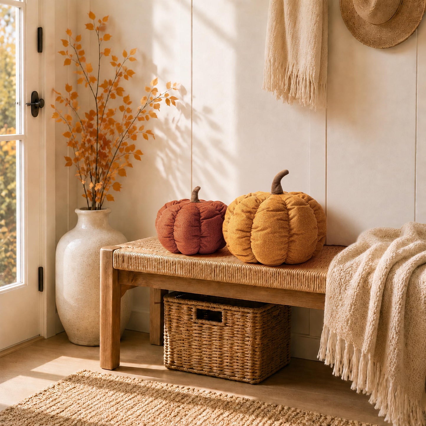AELS Pumpkin Throw Pillow, 14" Burnt Orange Textured Fall Decorative Pillow | for Couch Sofa Bed Living Room Home Decor, Farmhouse 3D Fall Halloween Thanksgiving Decorative Accent Pillows