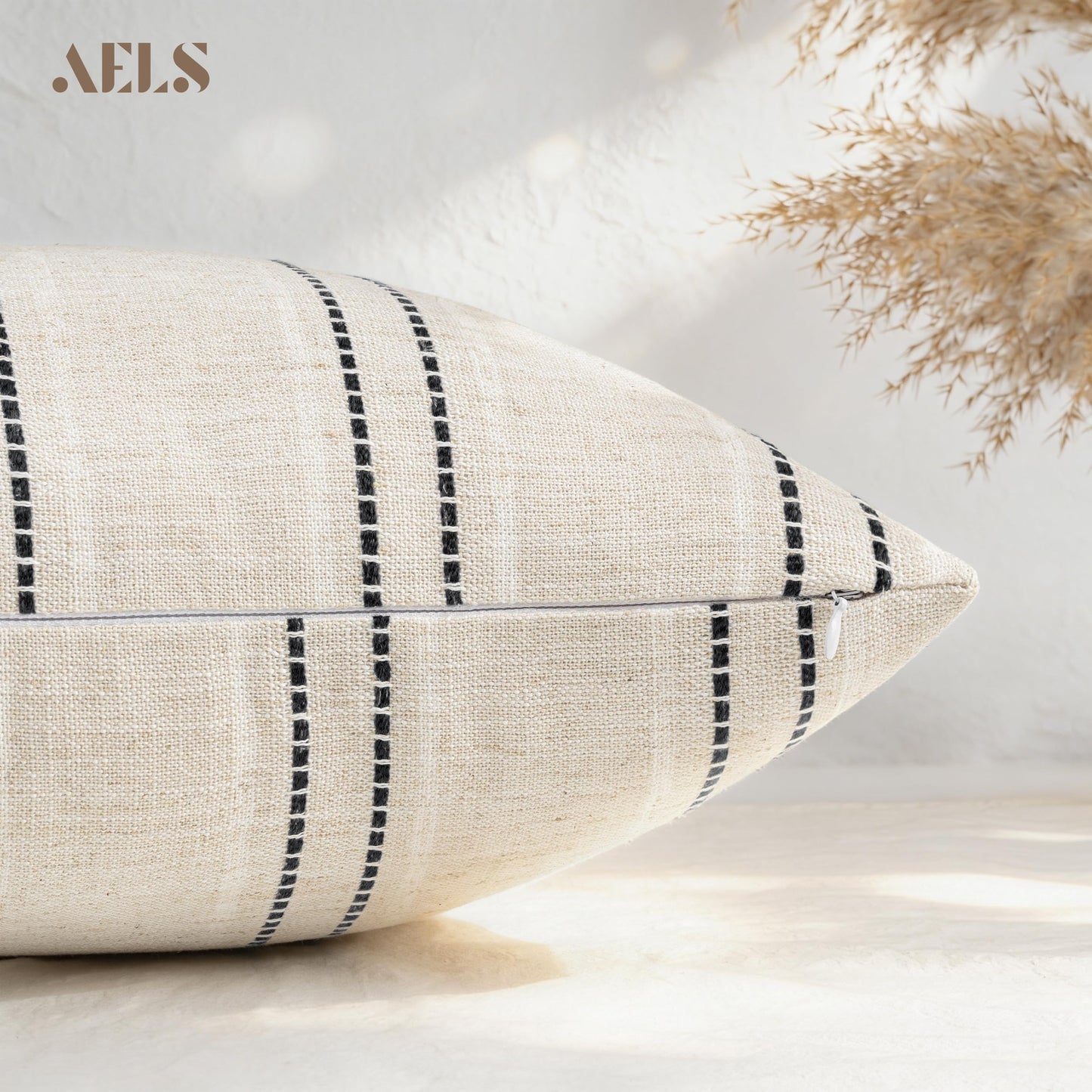 AELS 12x20 Decorative Farmhouse Linen Blend Throw Pillow Covers, Boho Textured Pillow Case, Set of 2, Beige with White & Brown Stitch Yarn Dyed Stripe Cushion Cover for Sofa Living Room (Cover ONLY)