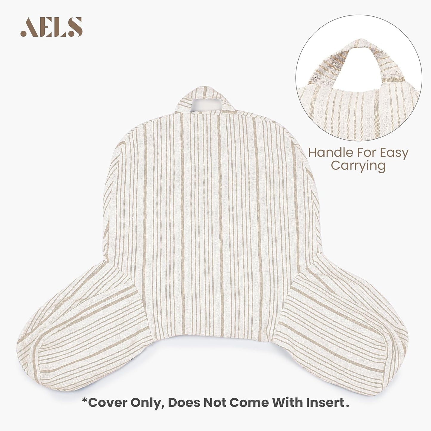 AELS Reading Pillow Replacement Cover (No Insert) with Arms and Pockets, 18" Beige with Light Brown Stripes Textured Backrest Pillow Cover Fits Standard Size Pillows (Cover ONLY)