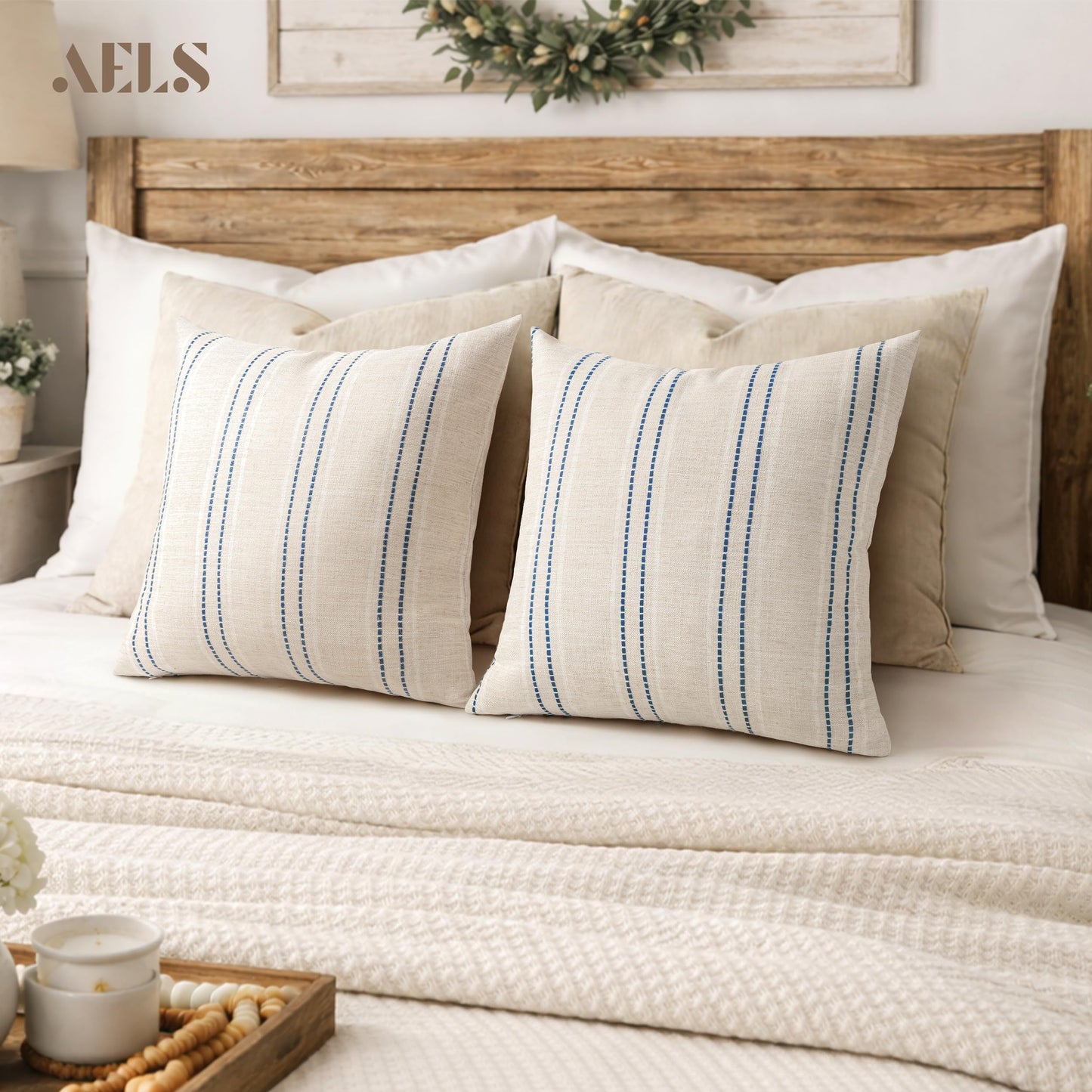 AELS 12x20 Decorative Farmhouse Linen Blend Throw Pillow Covers, Boho Textured Pillow Case, Set of 2, Beige with White & Brown Stitch Yarn Dyed Stripe Cushion Cover for Sofa Living Room (Cover ONLY)