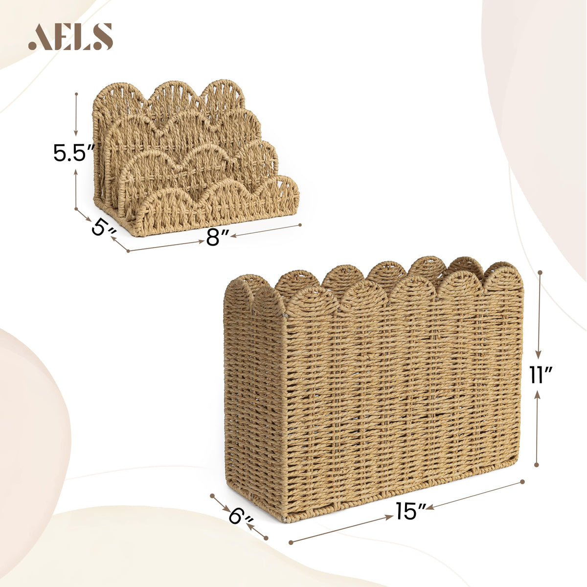 AELS Woven Natural Fibre Magazine Holder, Scalloped Edge Floor Magazine Rack, Hand-woven Organizer, Boho Modern Farmhouse Book Basket, File Newspaper Mail Holder for Office