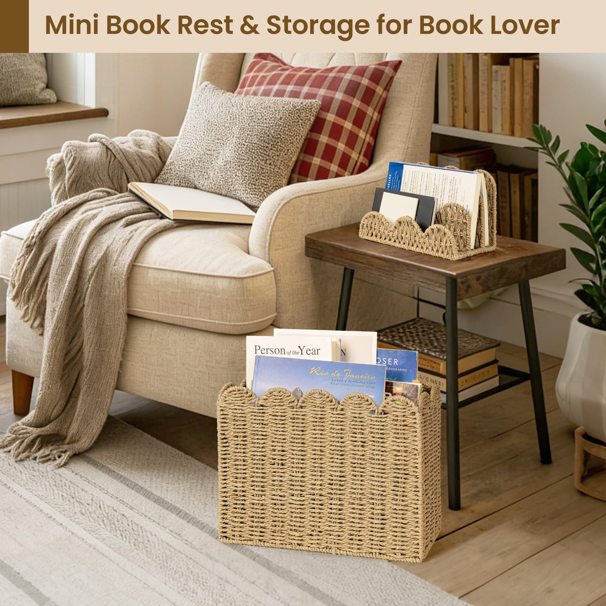 AELS Woven Natural Fibre Magazine Holder, Scalloped Edge Floor Magazine Rack, Hand-woven Organizer, Boho Modern Farmhouse Book Basket, File Newspaper Mail Holder for Office