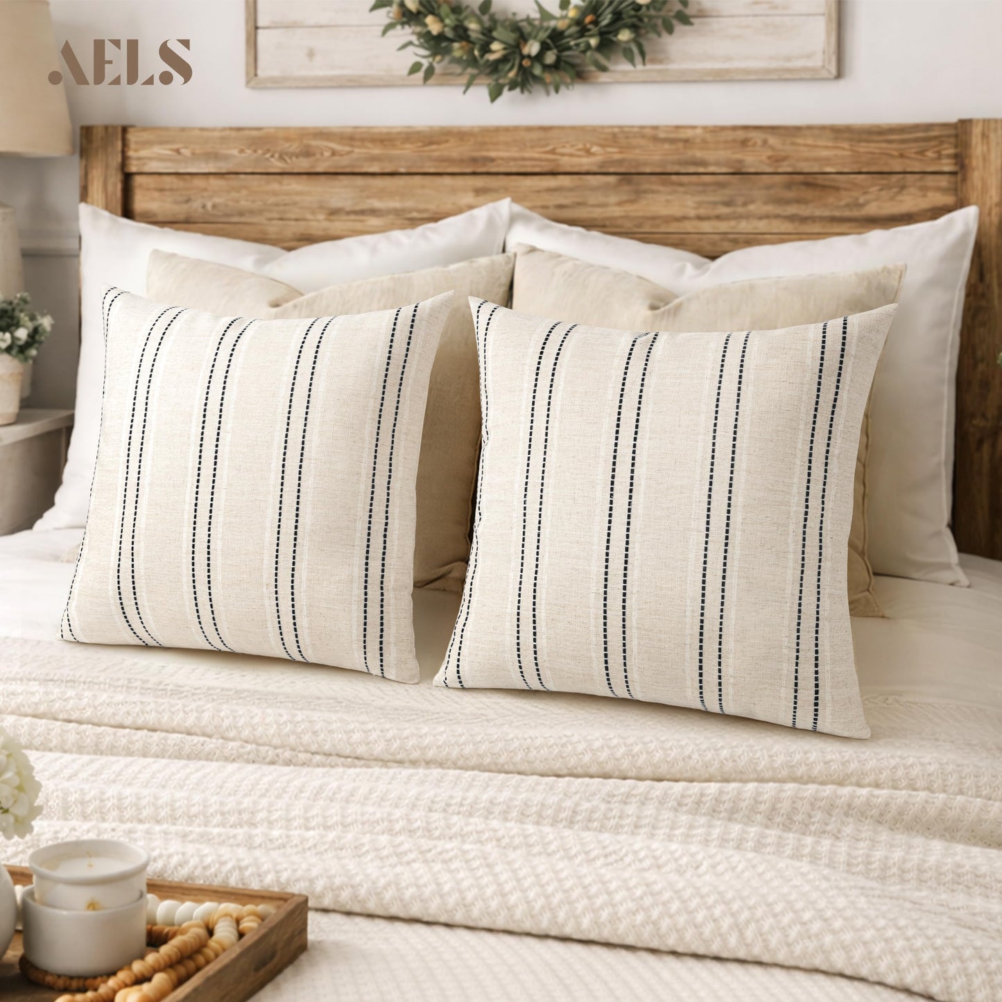 AELS 12x20 Decorative Farmhouse Linen Blend Throw Pillow Covers, Boho Textured Pillow Case, Set of 2, Beige with White & Brown Stitch Yarn Dyed Stripe Cushion Cover for Sofa Living Room (Cover ONLY)