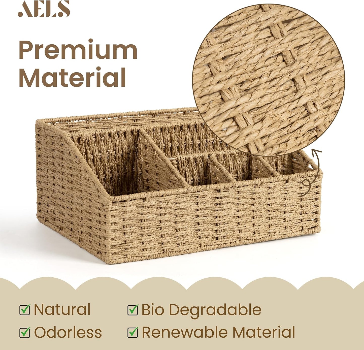 Woven Paper Plate Dispenser & Utensil Holder for Party, Rustic Countertop Storage Basket for Disposable Plates (7-12 Inch) & Paper Cups (8, 12, 16oz), Napkins, Forks, Knives, Spoons