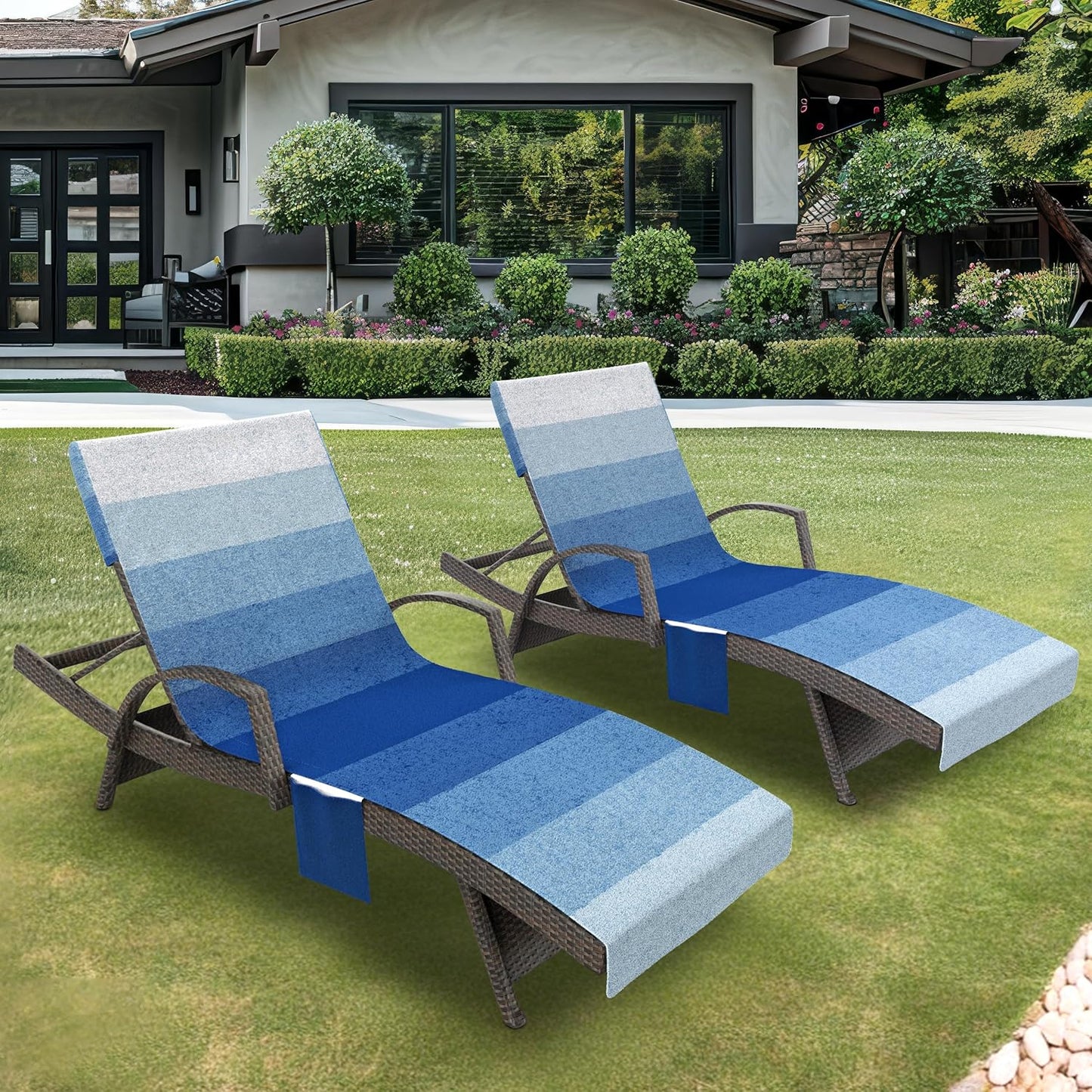 Lounge Chair Towel Cover, Pack of 2 - Microfiber Beach Towels with Pockets, Fits Outdoor Garden Beach Hotel Pool Chairs, Non-Slip & Portable Design, 85" X 30", Ombre Blue Stripes