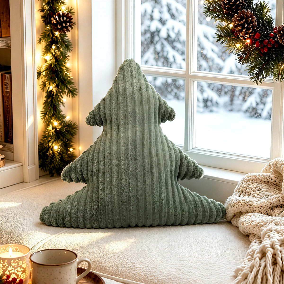 AELS Faux Fur Christmas Tree Decorative Pillow Set of 3, Forest Green Series