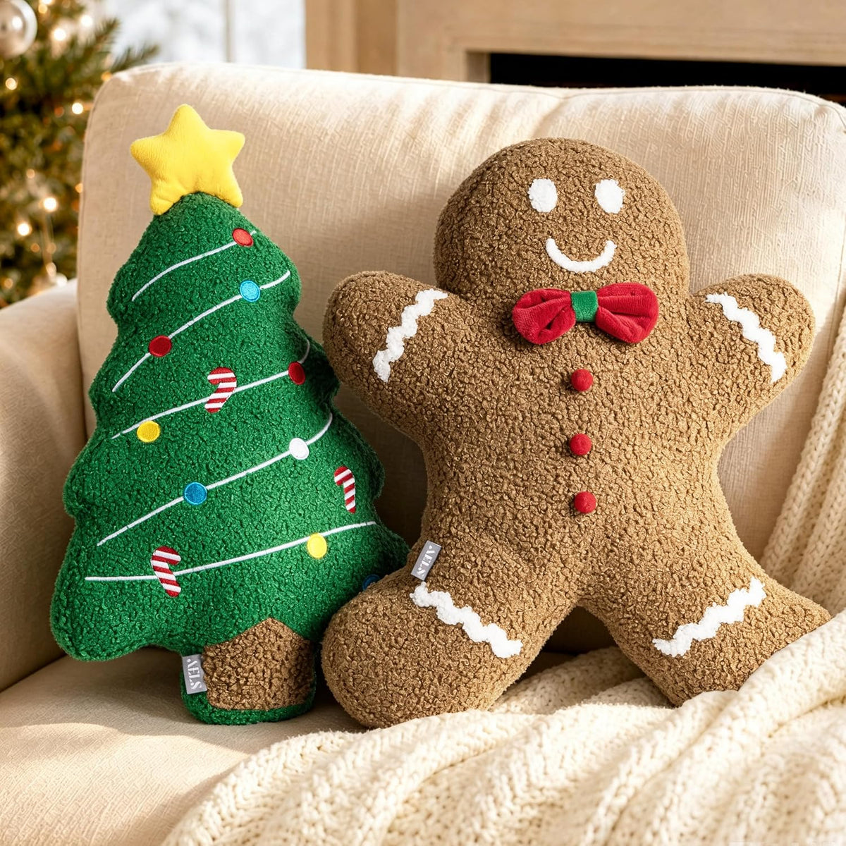 AELS Gingerbread Man Christmas Tree Pillow, 16.1" & 15.7" Set of 2