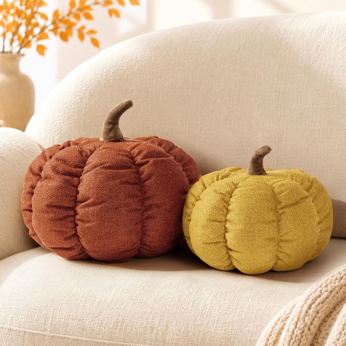 AELS Pumpkin Throw Pillow, 14" Burnt Orange Textured Fall Decorative Pillow | for Couch Sofa Bed Living Room Home Decor, Farmhouse 3D Fall Halloween Thanksgiving Decorative Accent Pillows