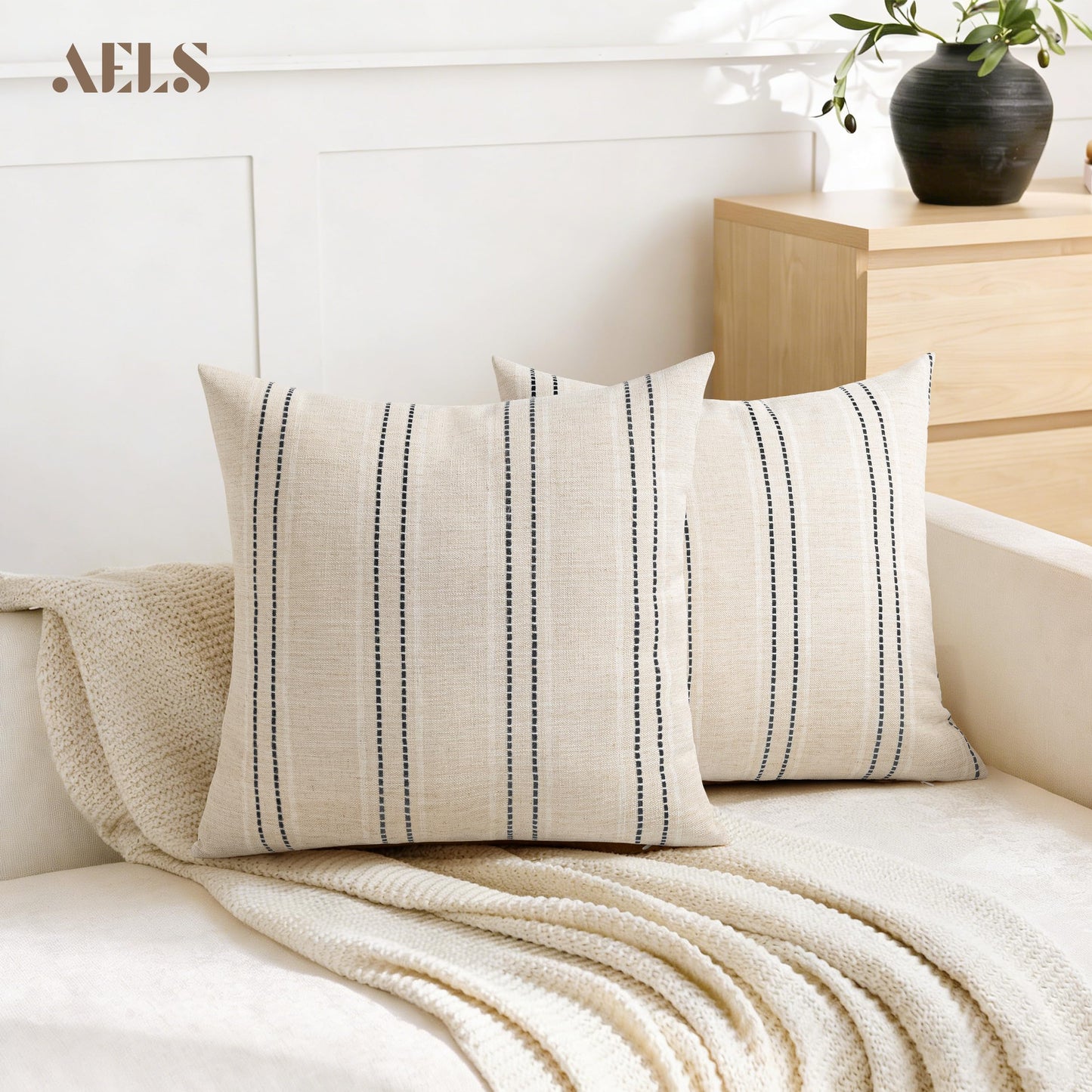 AELS 12x20 Decorative Farmhouse Linen Blend Throw Pillow Covers, Boho Textured Pillow Case, Set of 2, Beige with White & Brown Stitch Yarn Dyed Stripe Cushion Cover for Sofa Living Room (Cover ONLY)