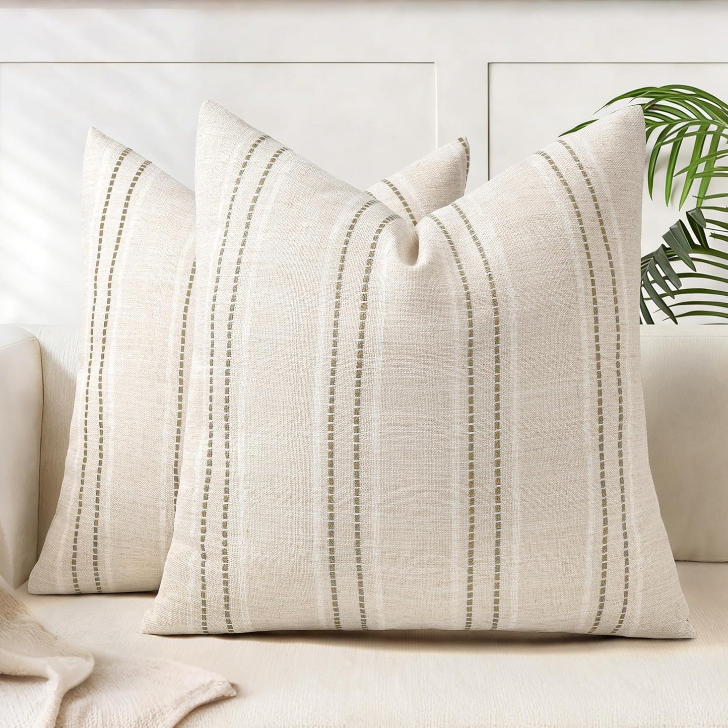 AELS 12x20 Decorative Farmhouse Linen Blend Throw Pillow Covers, Boho Textured Pillow Case, Set of 2, Beige with White & Brown Stitch Yarn Dyed Stripe Cushion Cover for Sofa Living Room (Cover ONLY)