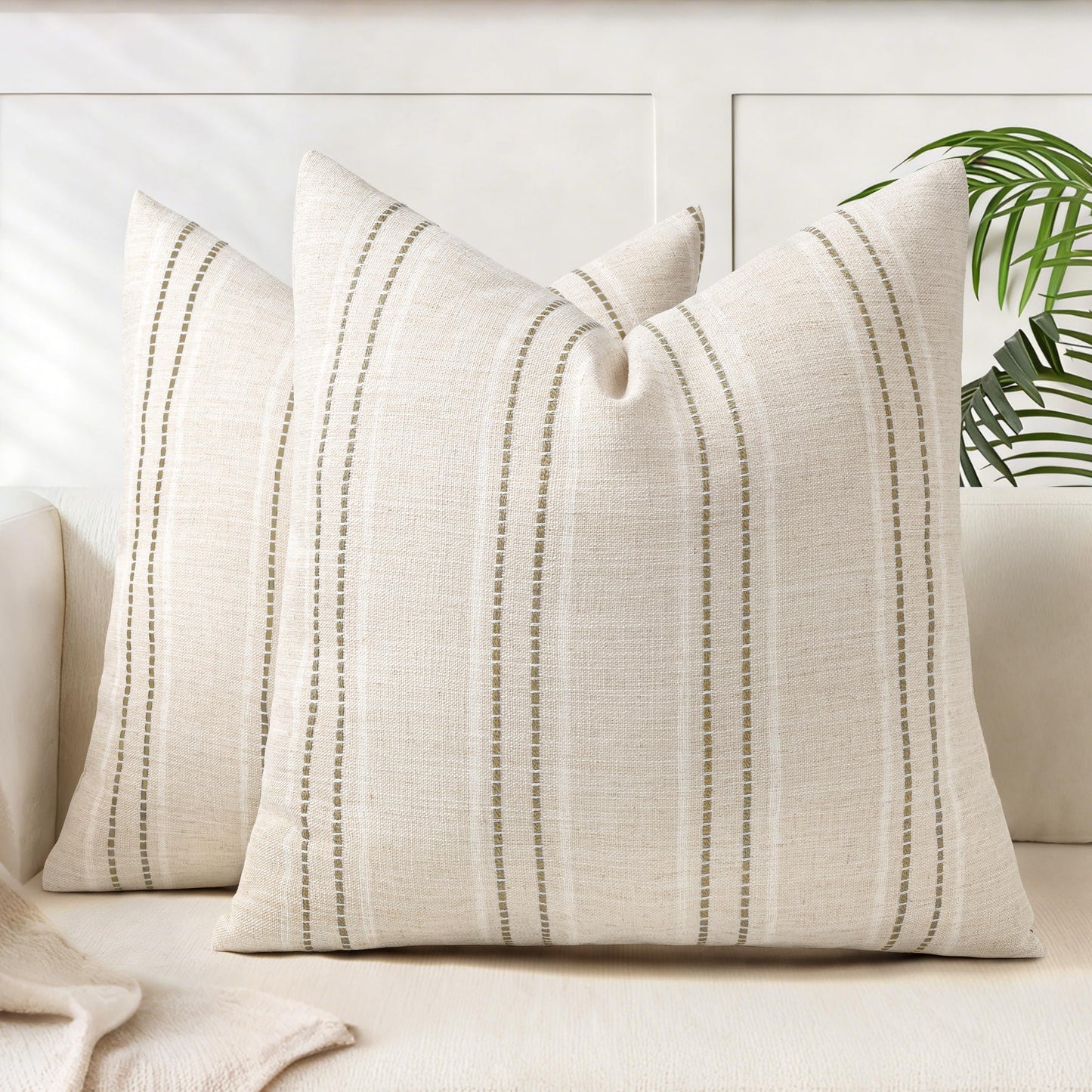 AELS 12x20 Decorative Farmhouse Linen Blend Throw Pillow Covers, Boho Textured Pillow Case, Set of 2, Beige with White & Brown Stitch Yarn Dyed Stripe Cushion Cover for Sofa Living Room (Cover ONLY)