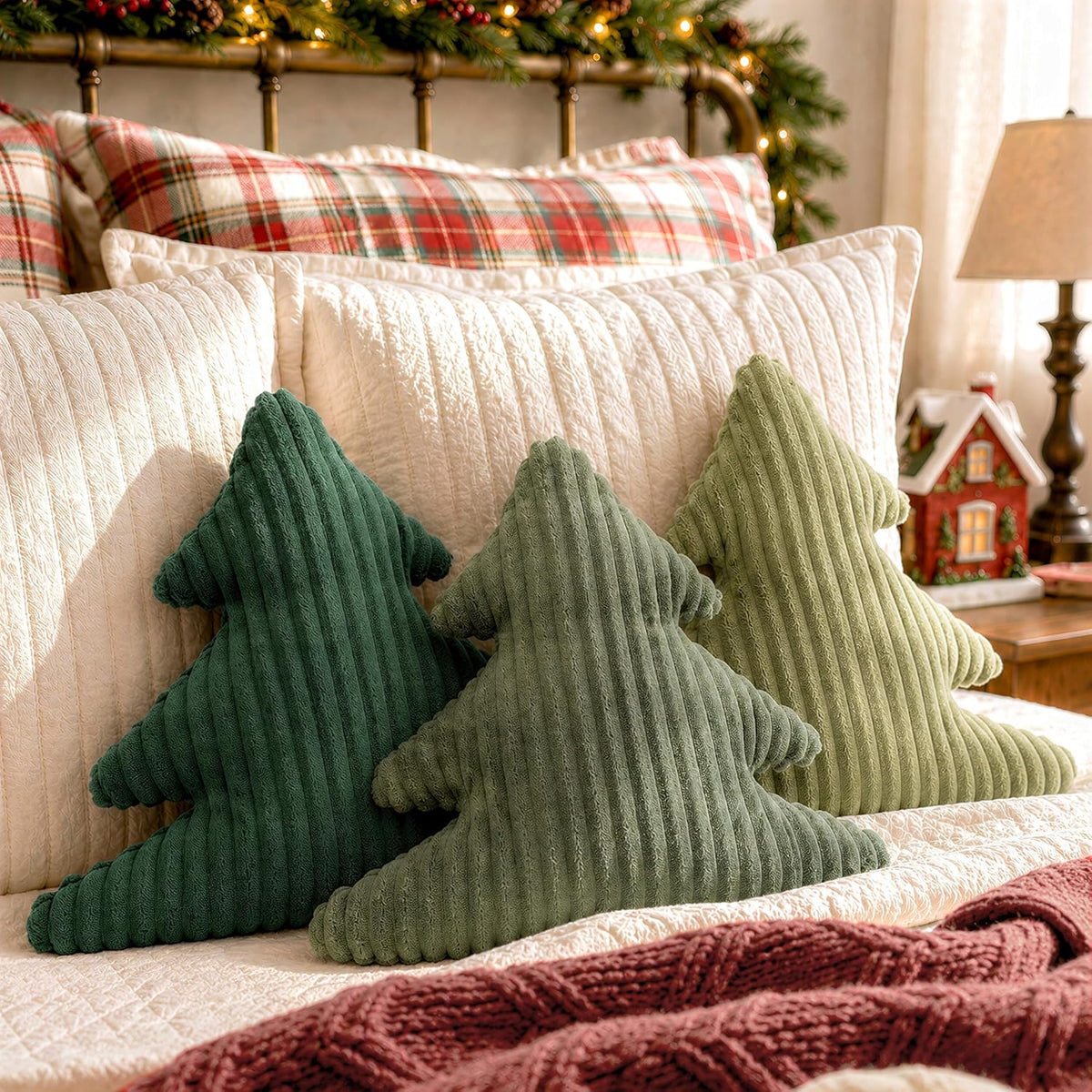 AELS Faux Fur Christmas Tree Decorative Pillow Set of 3, Forest Green Series