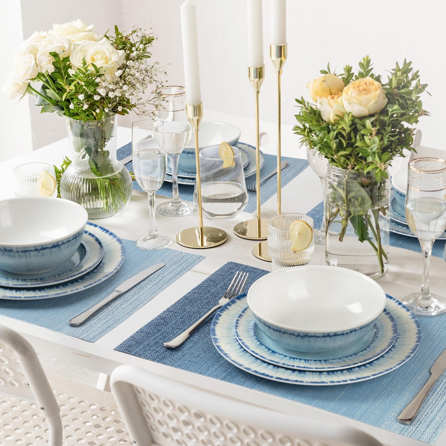 AELS Melamine Dinnerware Set of 12 Pcs Dinner Dishes Set for Indoor and Outdoor Use, Dishwasher Safe, Lightweight Unbreakable, BPA Free, Light Blue