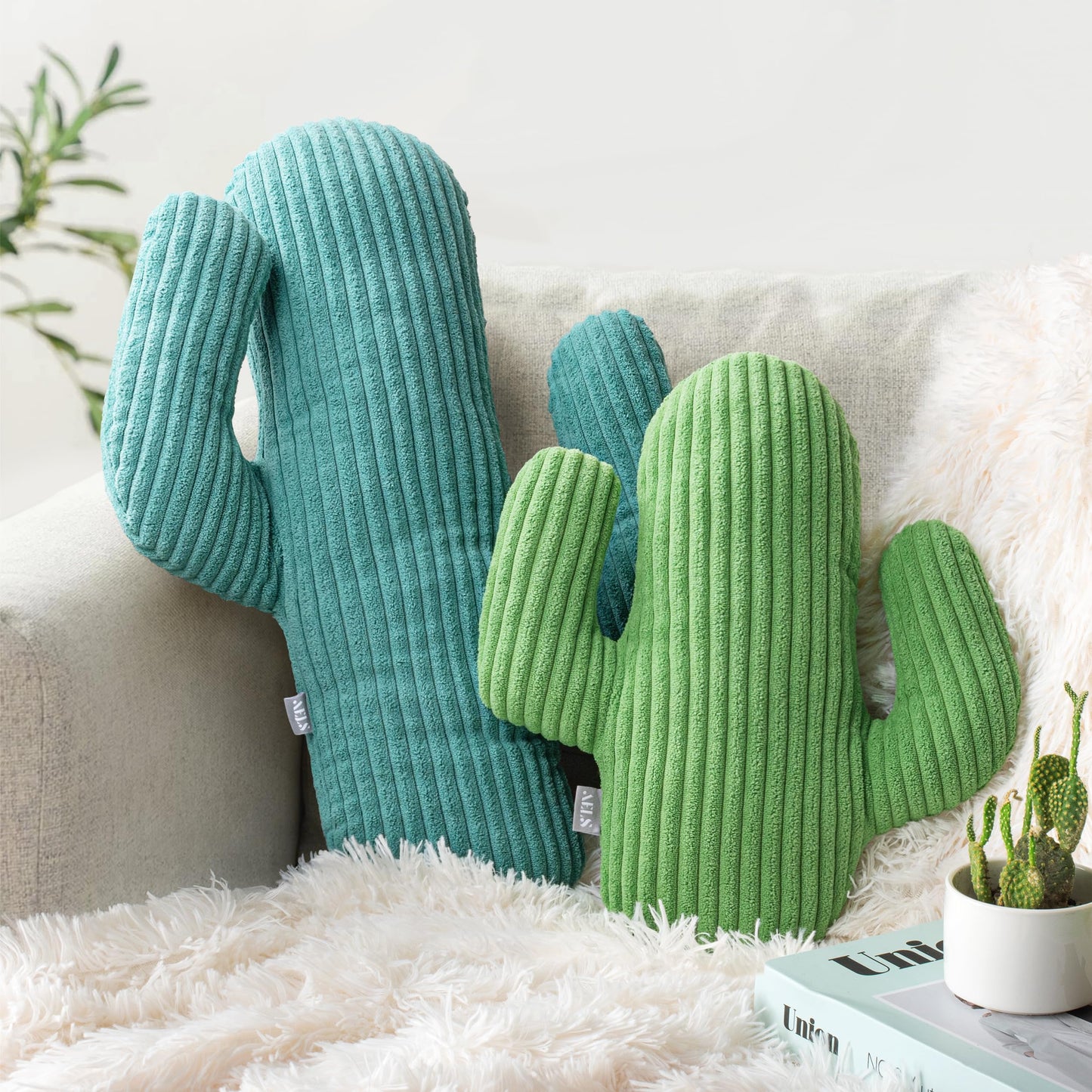 AELS Set of 2 Cactus Decorative Throw Pillows, 22"& 14" Cactus Plush Pillow Set, 3D Office Nap Pillow, Cute Succulent Throw Pillow for Nursery Bedroom Room Decor, Blue Green & Sage Green