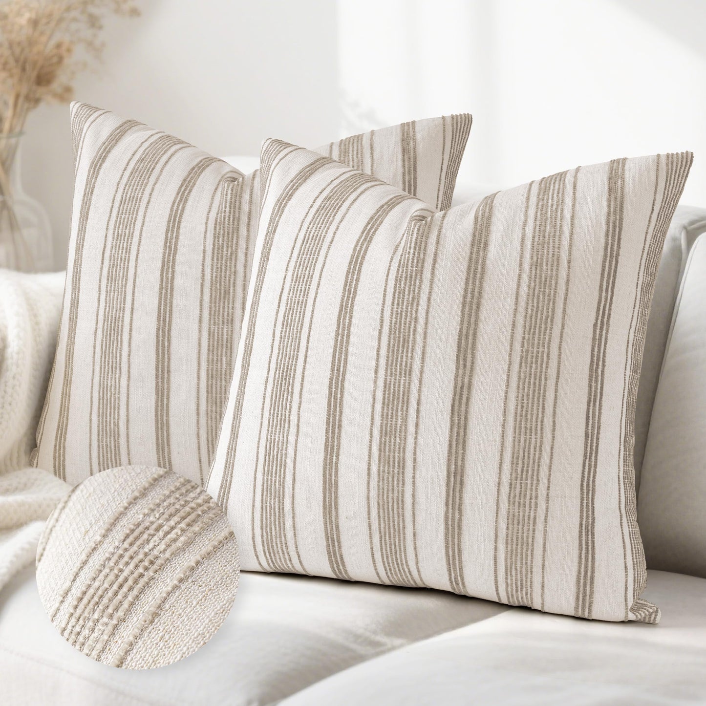 AELS 12x20 Decorative Farmhouse Linen Lumbar Pillow Covers, Beige with Olive Green Chenille Striped Pillow Case, Set of 2, Boho Textured Cushion Cover for Sofa Couch Living Room (Cover ONLY)