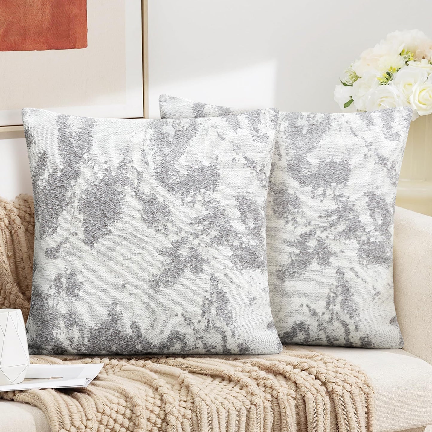 AELS Decorative Throw Pillow Covers 18x18, Set of 2, Abstract Jacquard Textured Pillow Case, Modern Cushion Case for Bed Couch Sofa, Ombre Gray (Covers Only)
