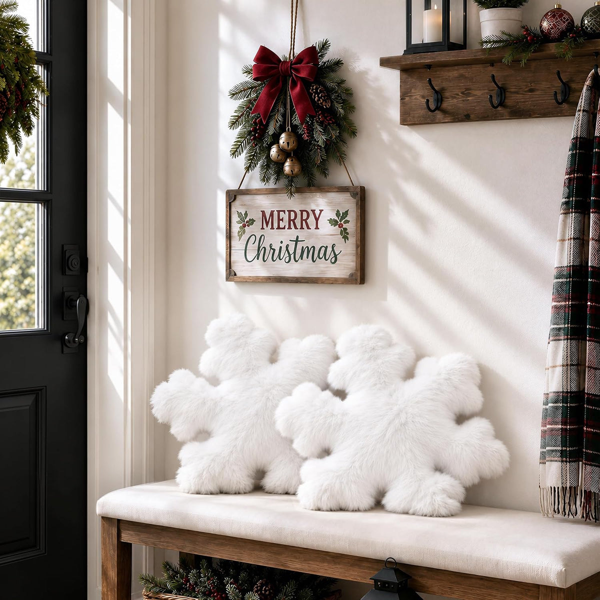 AELS Set of 2 Snowflake Christmas Faux Fur Decorative Throw Pillows, White