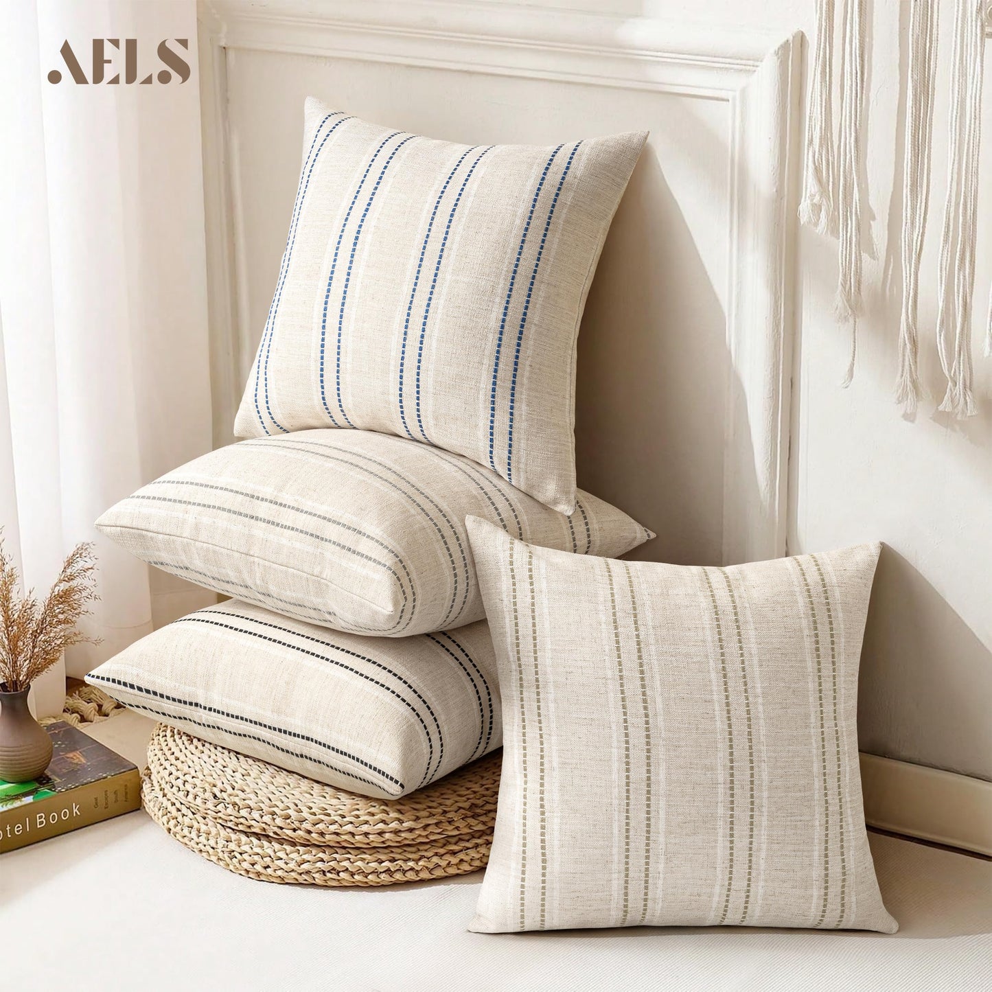AELS 12x20 Decorative Farmhouse Linen Blend Throw Pillow Covers, Boho Textured Pillow Case, Set of 2, Beige with White & Brown Stitch Yarn Dyed Stripe Cushion Cover for Sofa Living Room (Cover ONLY)