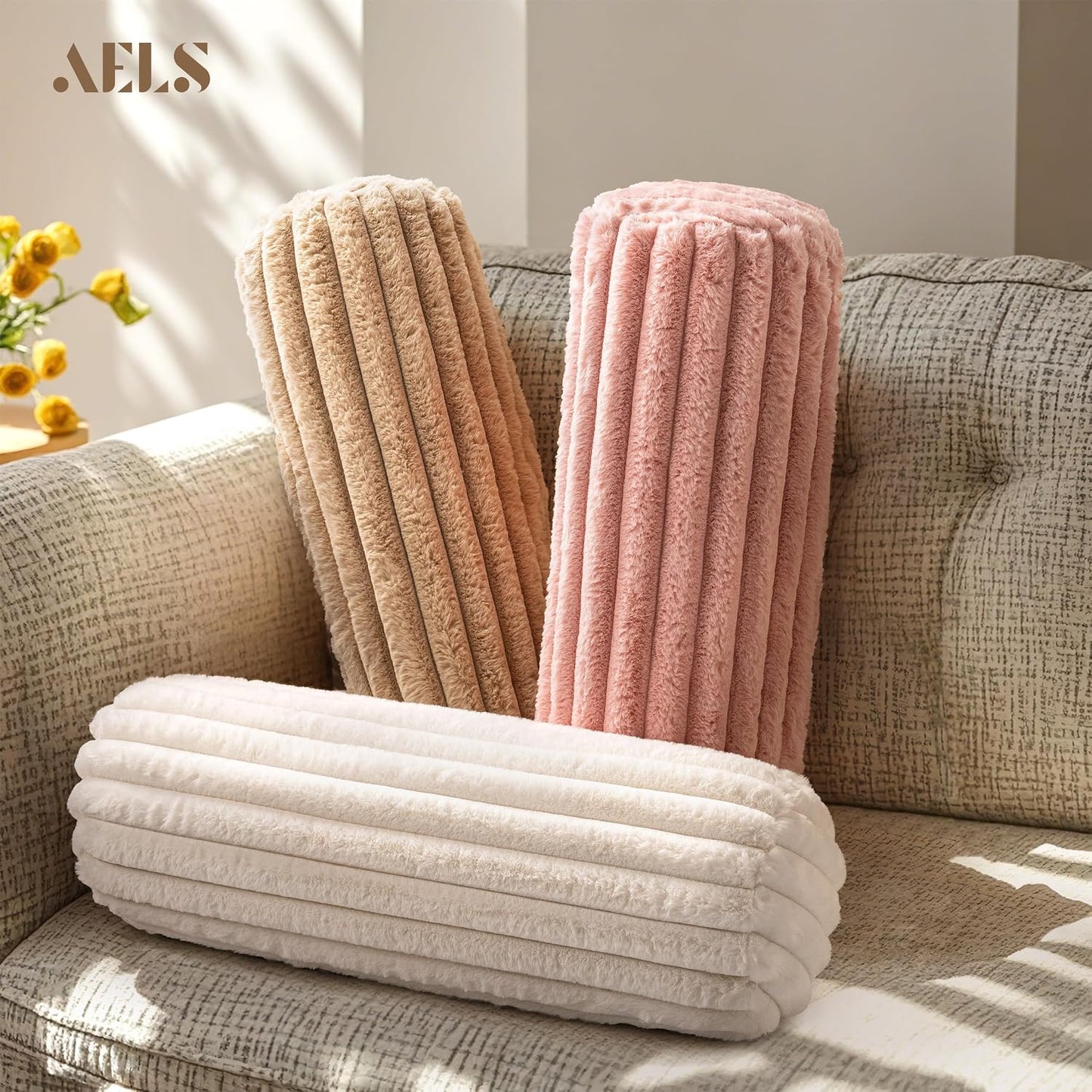AELS Faux Fur Striped Cylinder Pillows, 8" x 24" Decorative Modern Bolster Pillows with Removable Washable Cover and Insert, Body Pillow for Couch and Bed, Living Room Bedroom Nursery Decor, White