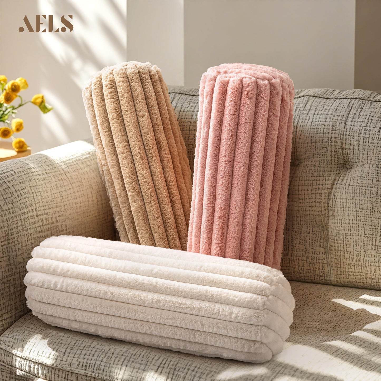 AELS Faux Fur Striped Cylinder Pillows, 8" x 24" Decorative Modern Bolster Pillows with Removable Washable Cover and Insert, Body Pillow for Couch and Bed, Living Room Bedroom Nursery Decor, White