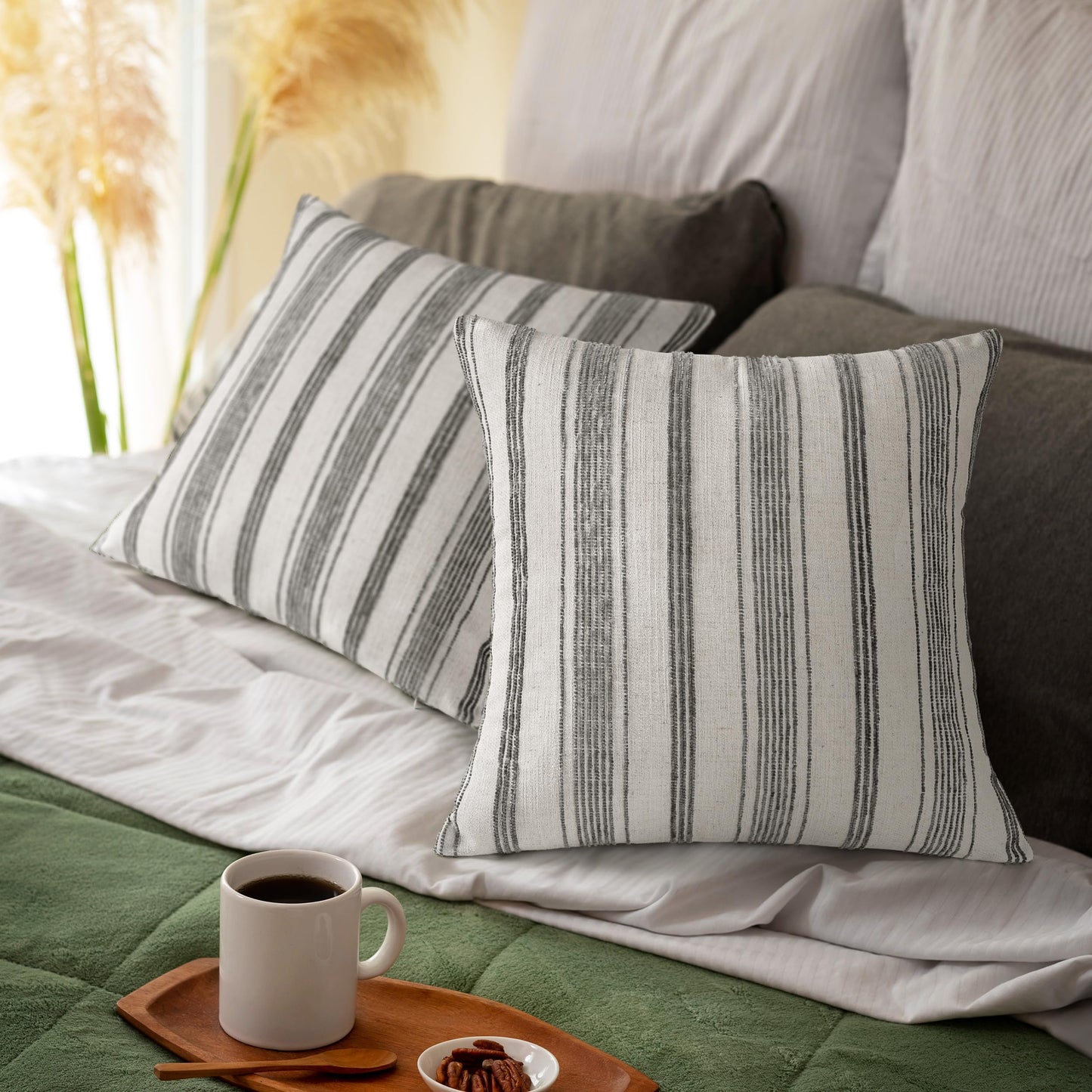 AELS 12x20 Decorative Farmhouse Linen Lumbar Pillow Covers, Beige with Olive Green Chenille Striped Pillow Case, Set of 2, Boho Textured Cushion Cover for Sofa Couch Living Room (Cover ONLY)