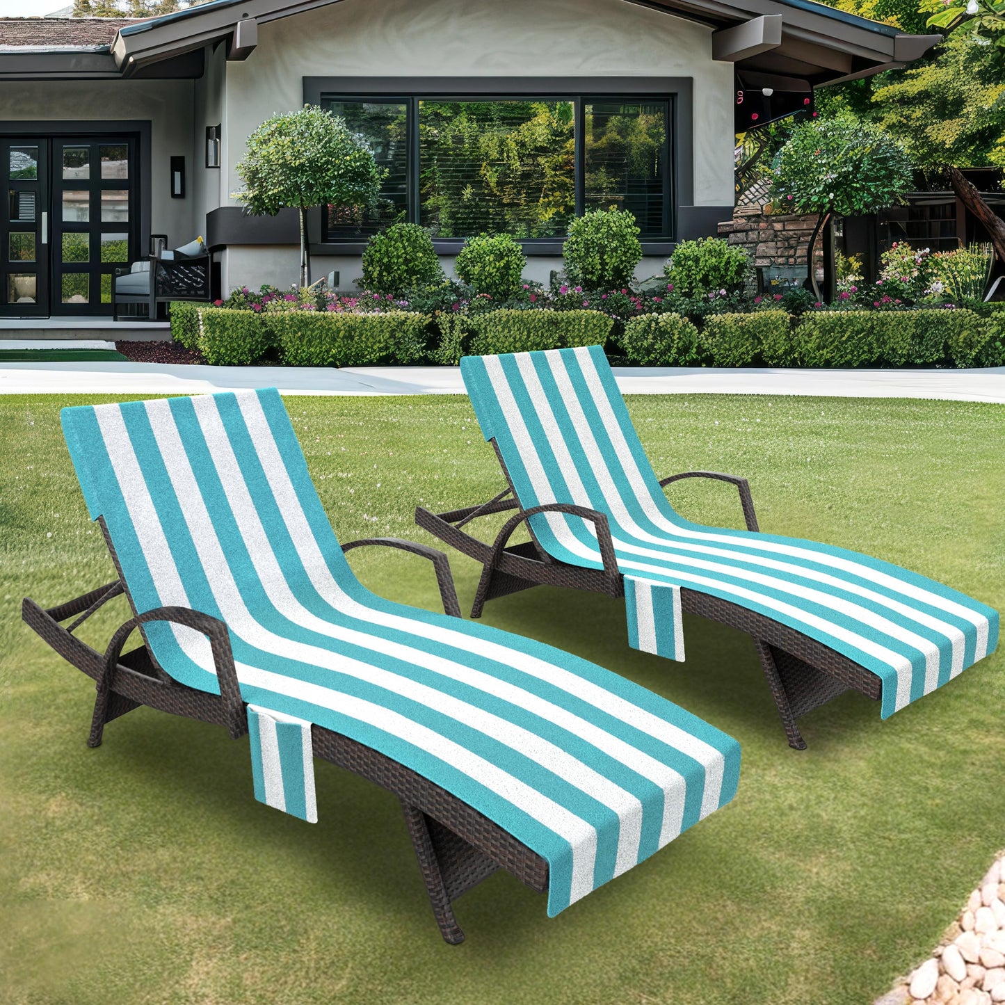 Lounge Chair Towel Cover, Pack of 2 - Microfiber Beach Towels with Pockets, Fits Outdoor Garden Beach Hotel Pool Chairs, Non-Slip & Portable Design, 85" X 30", Ombre Blue Stripes