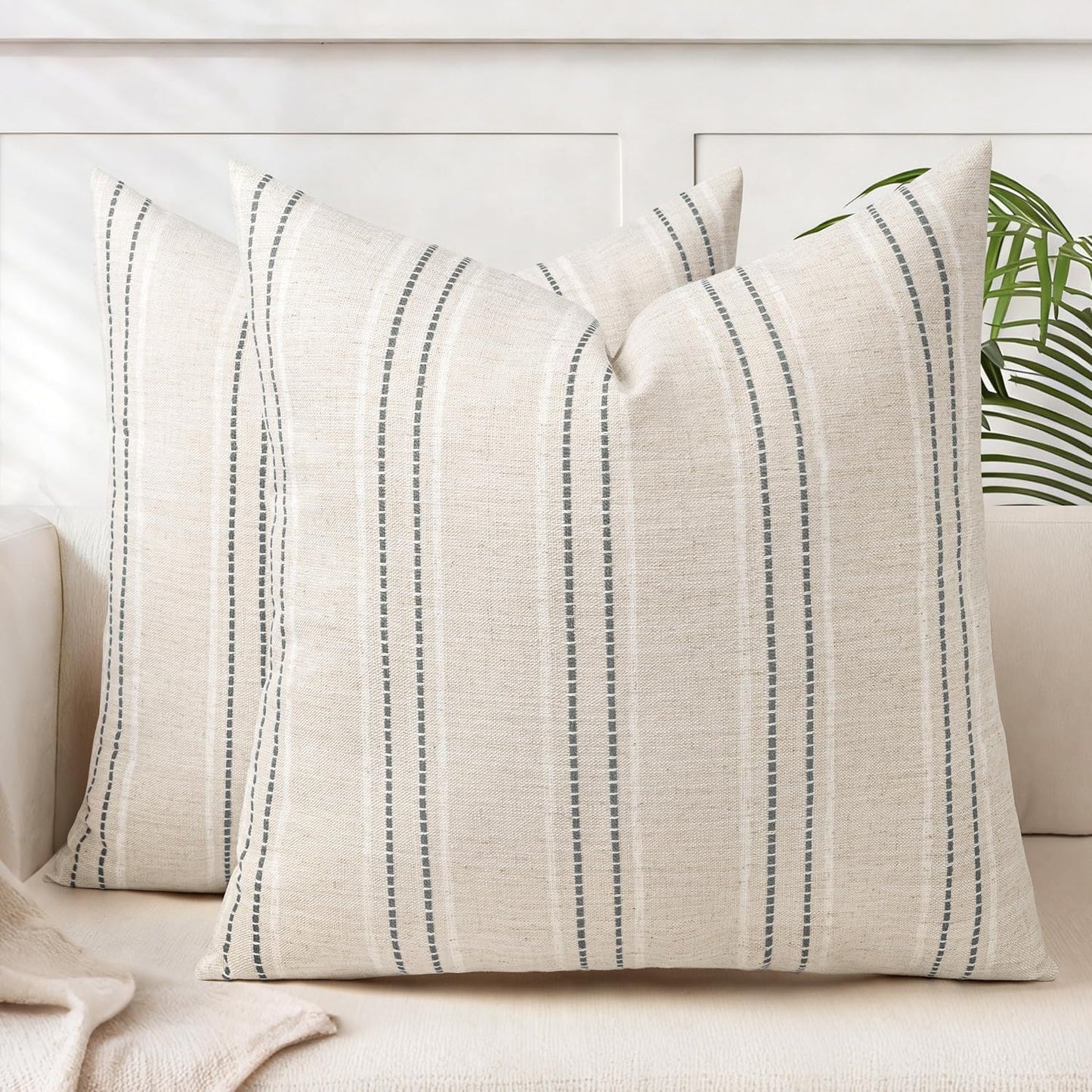 AELS 12x20 Decorative Farmhouse Linen Blend Throw Pillow Covers, Boho Textured Pillow Case, Set of 2, Beige with White & Brown Stitch Yarn Dyed Stripe Cushion Cover for Sofa Living Room (Cover ONLY)
