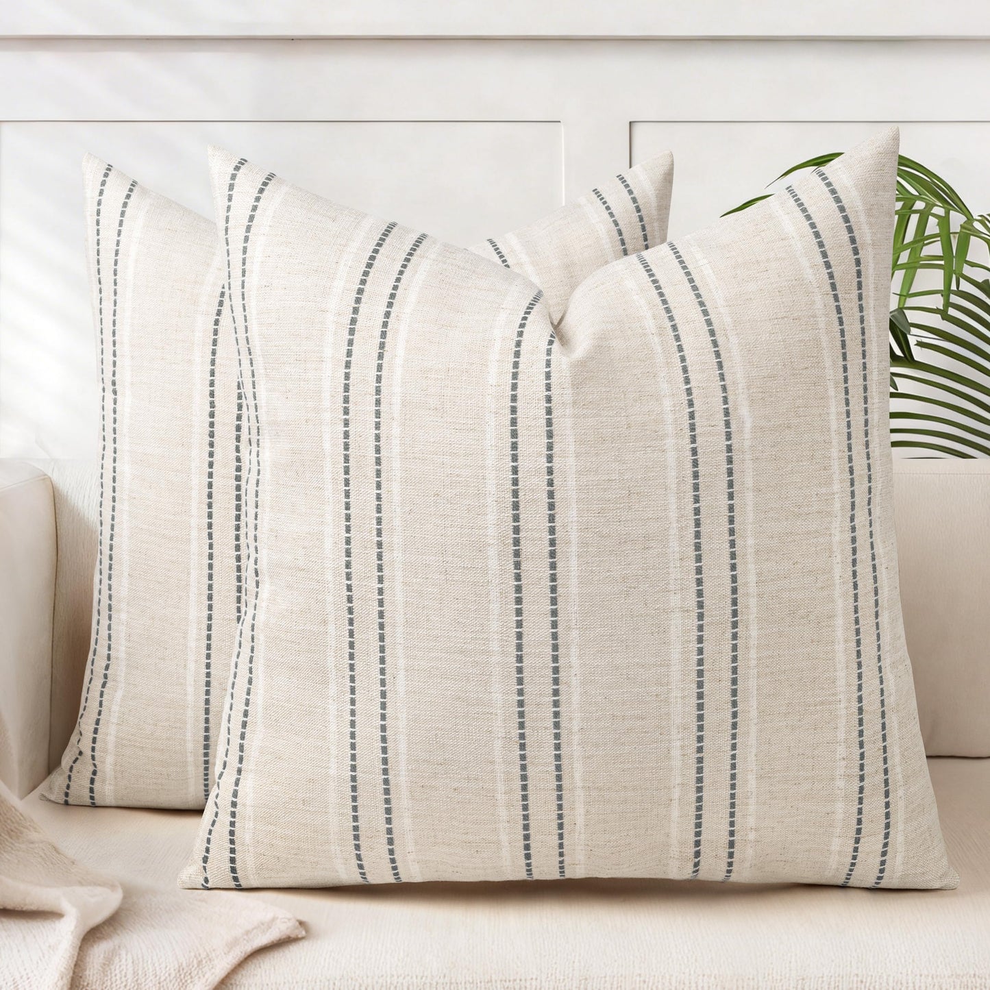 AELS 12x20 Decorative Farmhouse Linen Blend Throw Pillow Covers, Boho Textured Pillow Case, Set of 2, Beige with White & Brown Stitch Yarn Dyed Stripe Cushion Cover for Sofa Living Room (Cover ONLY)