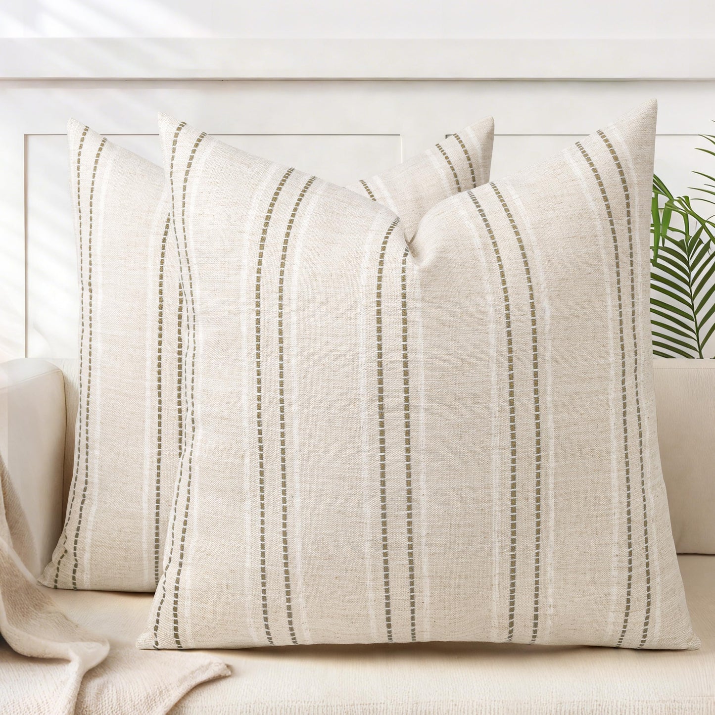 AELS 12x20 Decorative Farmhouse Linen Blend Throw Pillow Covers, Boho Textured Pillow Case, Set of 2, Beige with White & Brown Stitch Yarn Dyed Stripe Cushion Cover for Sofa Living Room (Cover ONLY)