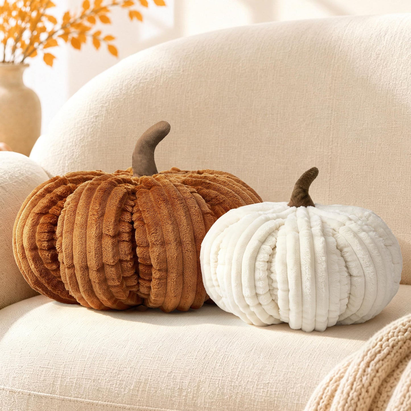 AELS Pumpkin Throw Pillow, 14" Burnt Orange Textured Fall Decorative Pillow | for Couch Sofa Bed Living Room Home Decor, Farmhouse 3D Fall Halloween Thanksgiving Decorative Accent Pillows