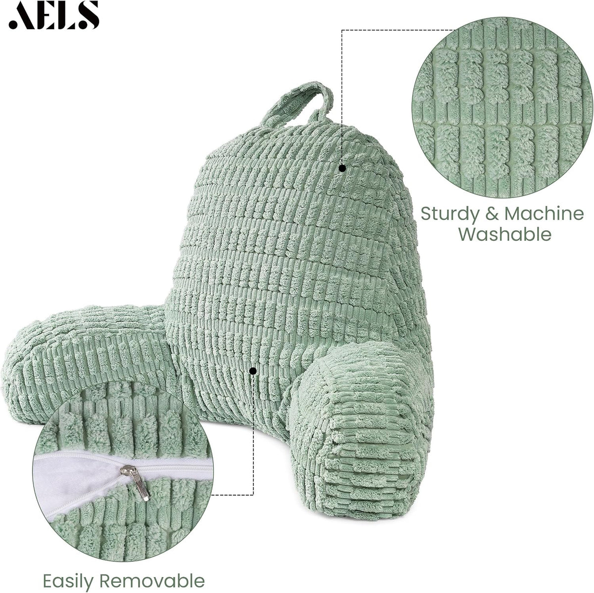 Large Reading Pillow Replacement Cover with Arms and Pockets (Cover ONLY), 18" Soft Corduroy Striped Backrest Pillow Cover Fits Standard Size Reading Pillows, Sage Green