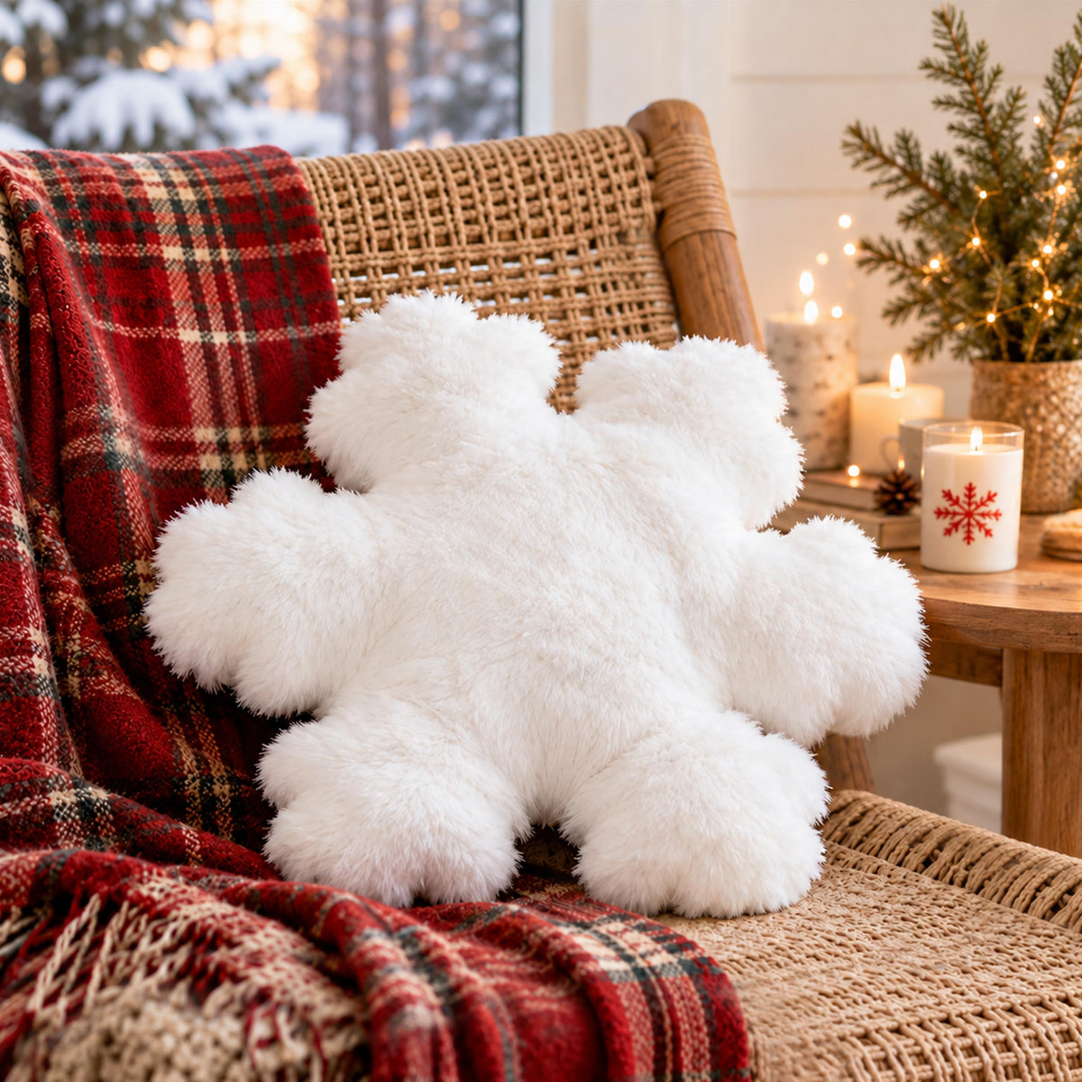 AELS Set of 2 Snowflake Christmas Faux Fur Decorative Throw Pillows, White