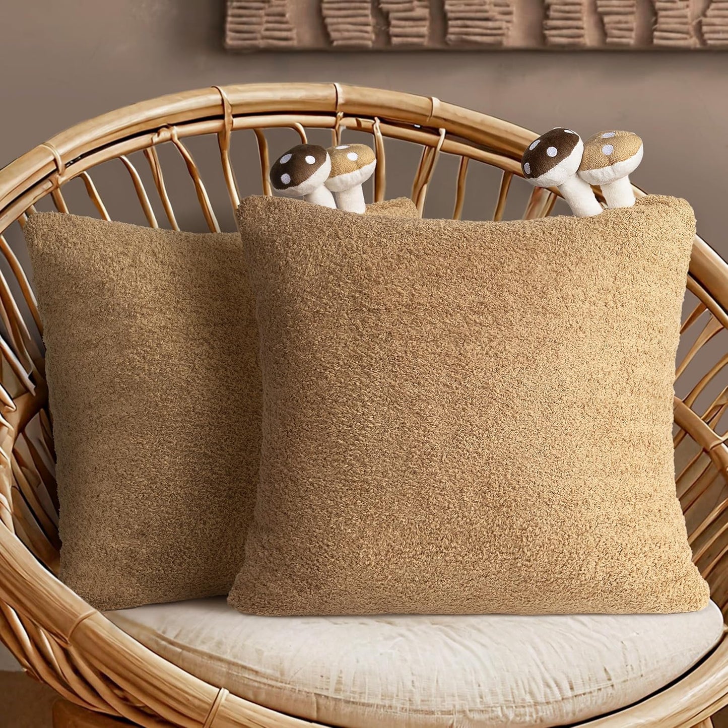 AELS Modern Farmhouse Decorative Mushroom Pillow Covers 18x18 with Two Small Mushrooms Plush Sewed in, Cozy Plush Cushion Case for Bed Couch Sofa, Brown