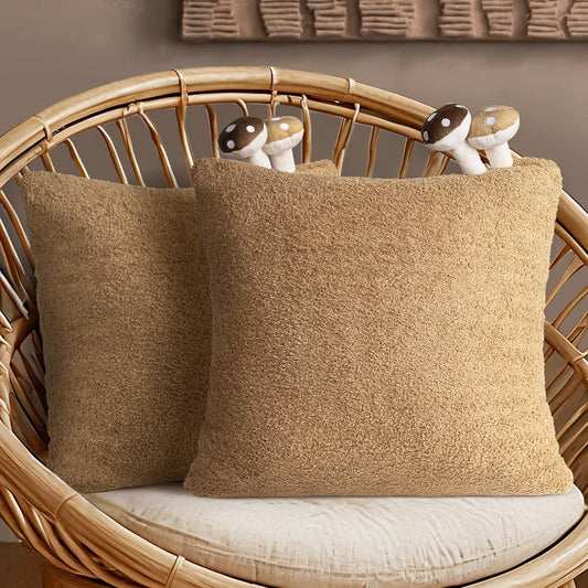 AELS Modern Farmhouse Decorative Mushroom Pillow Covers 18x18 with Two Small Mushrooms Plush Sewed in, Cozy Plush Cushion Case for Bed Couch Sofa, Brown