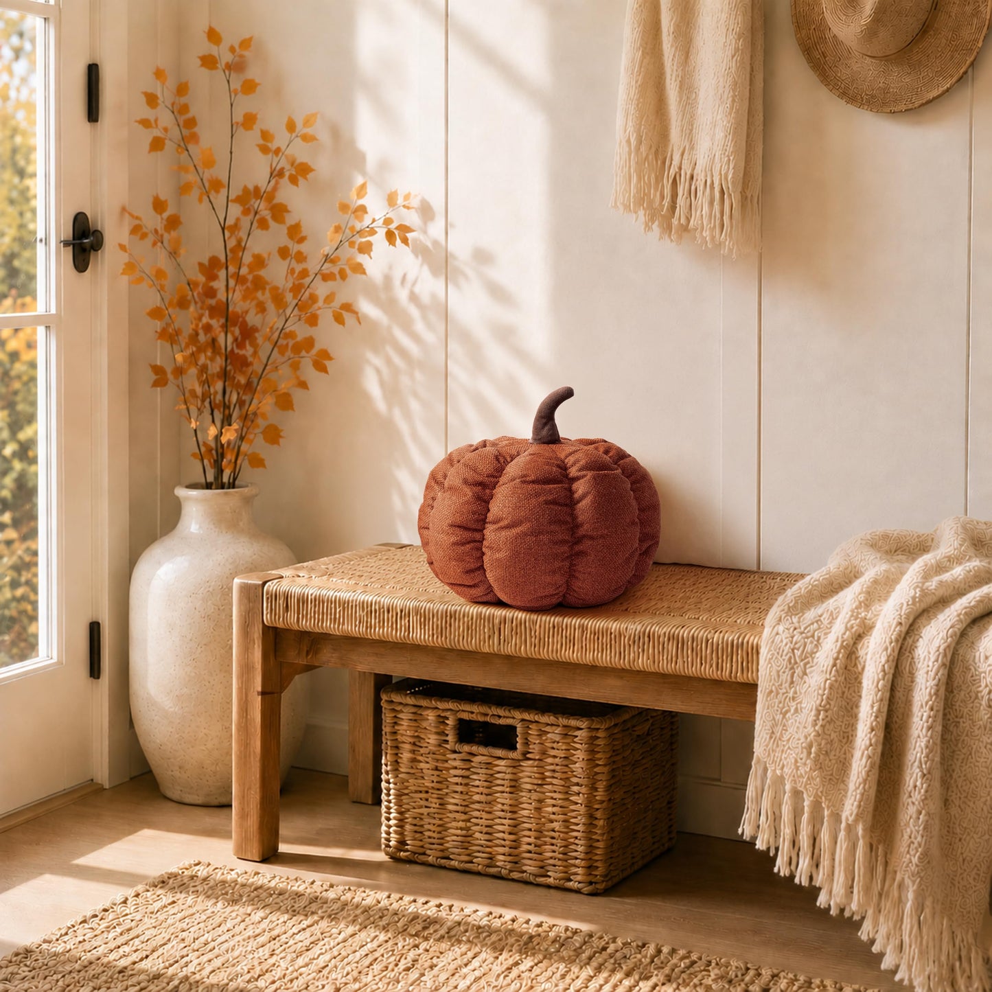 AELS Pumpkin Throw Pillow, 14" Burnt Orange Textured Fall Decorative Pillow | for Couch Sofa Bed Living Room Home Decor, Farmhouse 3D Fall Halloween Thanksgiving Decorative Accent Pillows