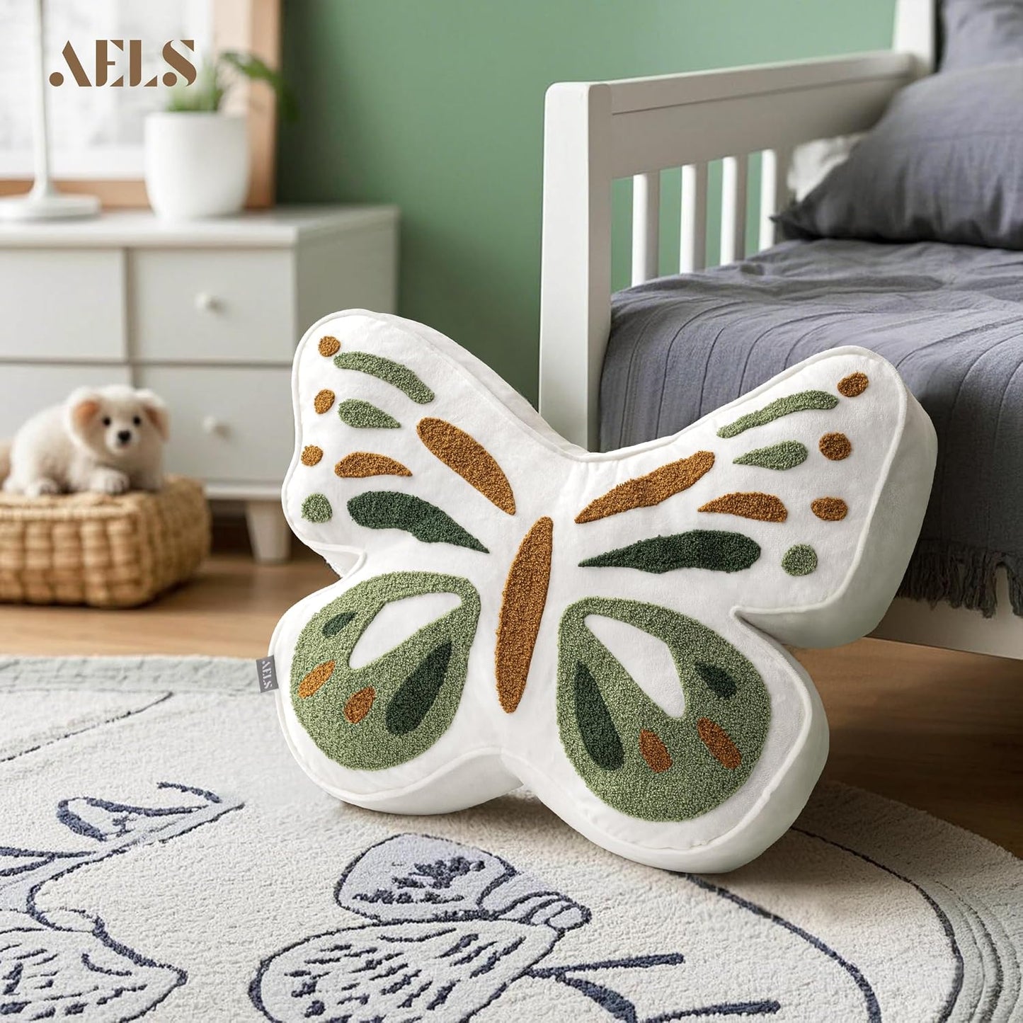AELS Butterfly Pillow, Tufted Decorative Throw Pillows, 19.6" x 15.7", Soft Plush Stuffed Animal, Cute Pillow for Living Room, Bedroom, Sage Green