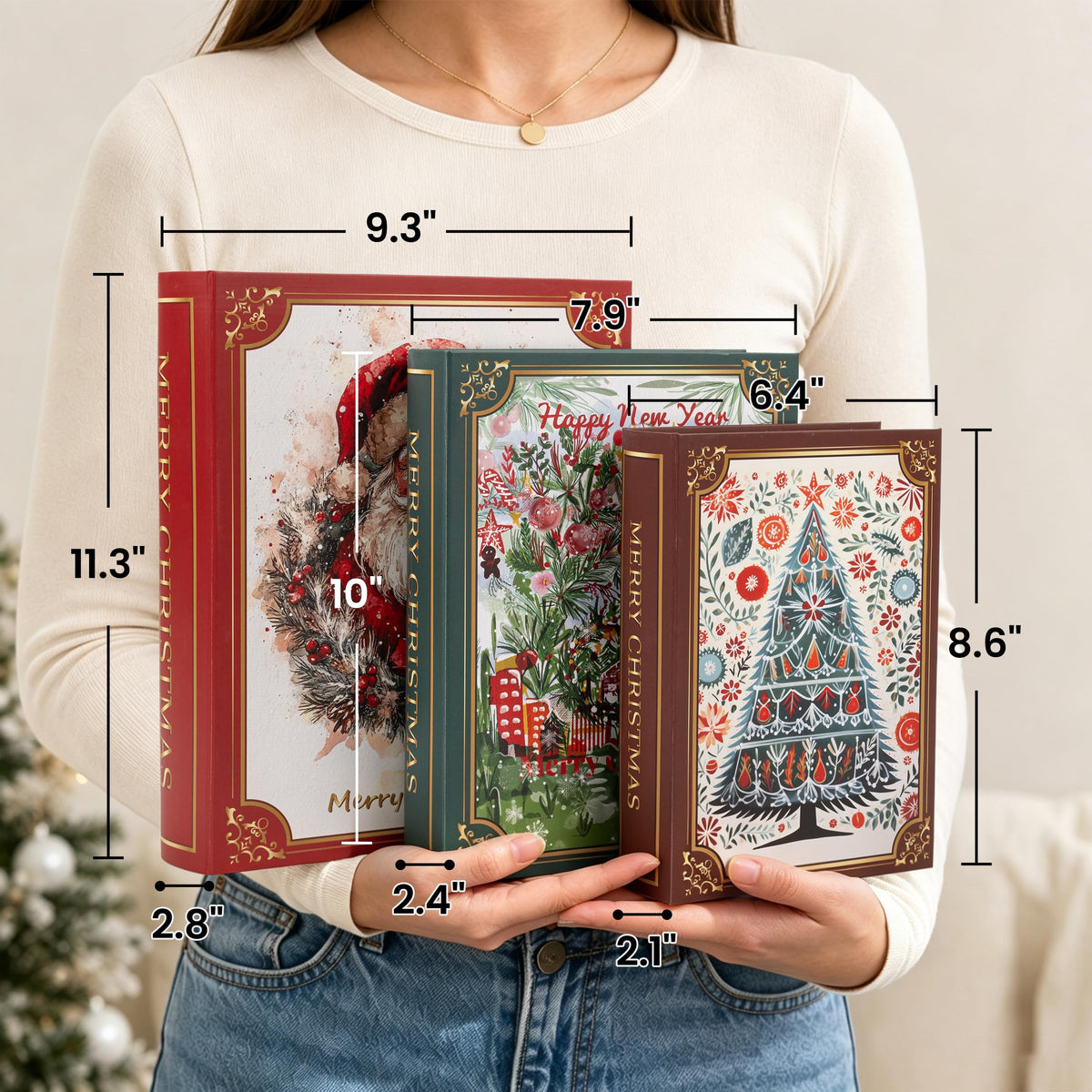AELS 3 Pcs Christmas Decorative Books for Home Decor with Hidden Storage, Stackable Faux Book Boxes for Coffee Table Bookshelf, Hardcover Classic Xmas Mantel & Shelf Decor (8", 7", 6")