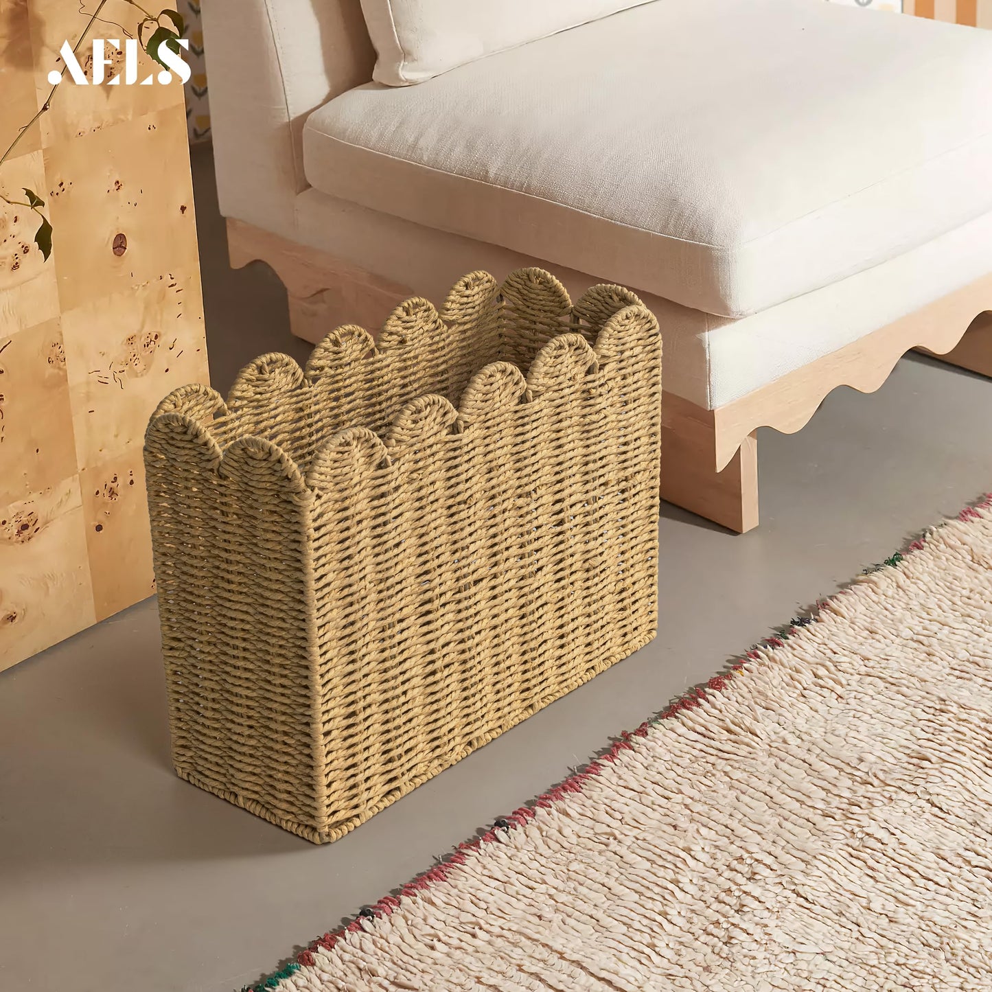 Woven Natural Fibre Magazine Holder, Scalloped Edge Floor Magazine Rack, Hand-woven Organizer, Boho Modern Farmhouse Book Basket, File Newspaper Mail Holder for Office