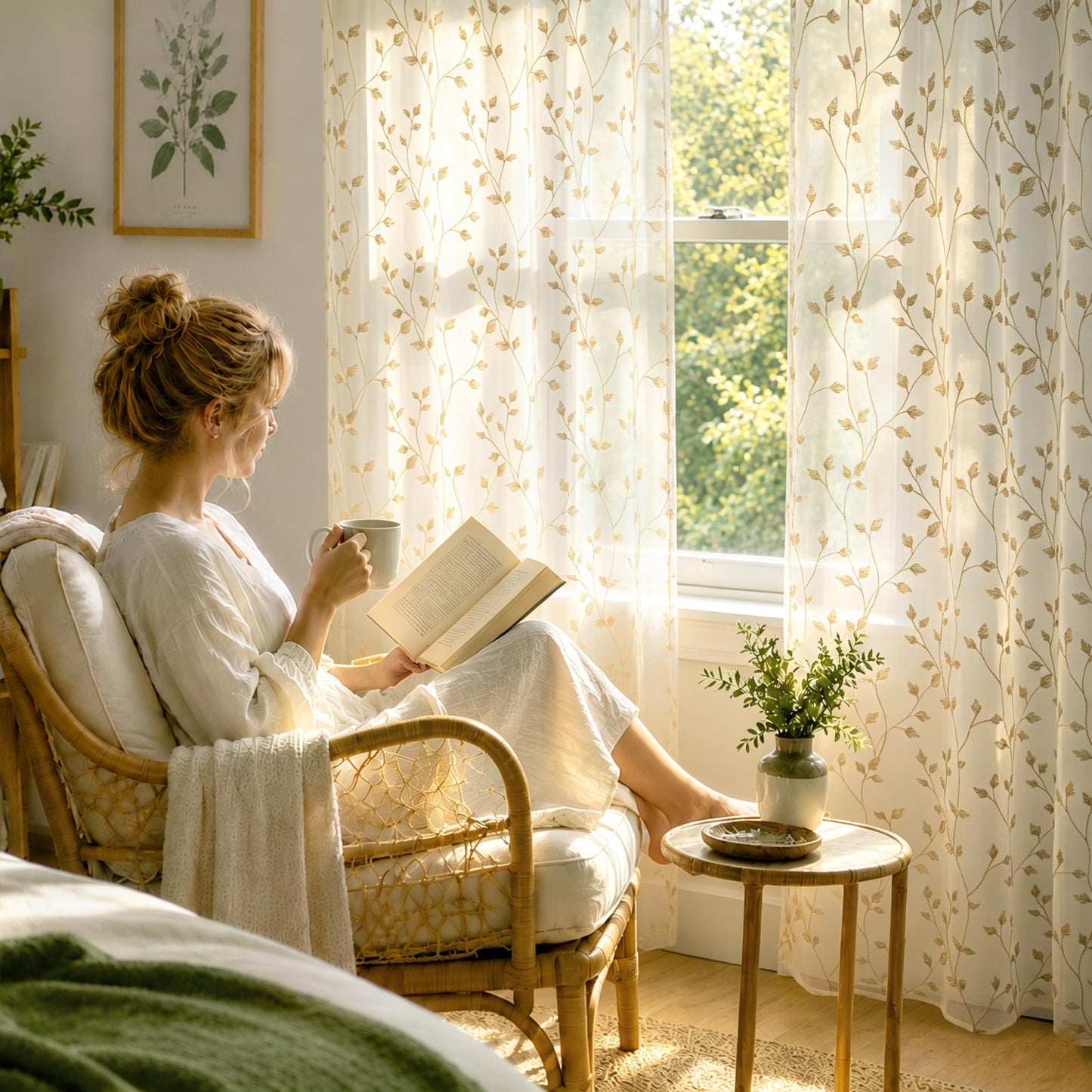 Semi White Sheer Curtains 84 Inches Long 2 Panels Set, White Stem | Embroidered Leaf Patterned Voile Window Treatments for Living Room Bedroom, Airy Light Filtering Grommet Curtains 52"W x 84"L