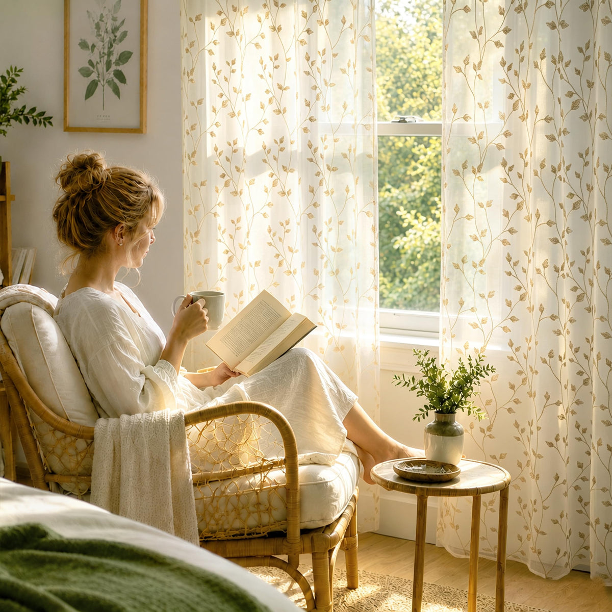 AELS Embroidered Sheer Curtains 84 Inches Long 2 Panels Set, Green Leaf
